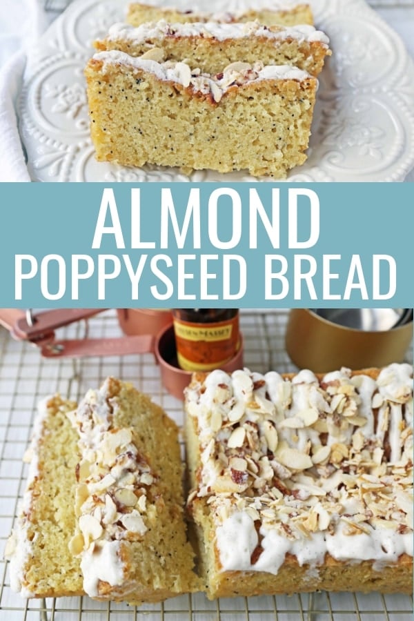 Almond Poppyseed Bread. Soft and moist poppyseed bread with vanilla bean almond glaze and candied almonds. The perfect poppyseed bread recipe. www.modernhoney.com #poppyseedbread #almondbread #quickbread 