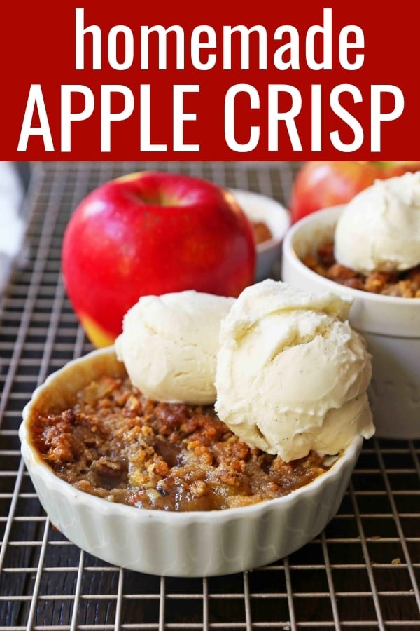 Apple Crisp dessert made with fresh apples with a homemade buttery brown sugar pecan topping. The BEST Apple Crisp Recipe and the perfect Fall dessert. www.modernhoney.com #applecrisp #appledessert #falldessert #apple