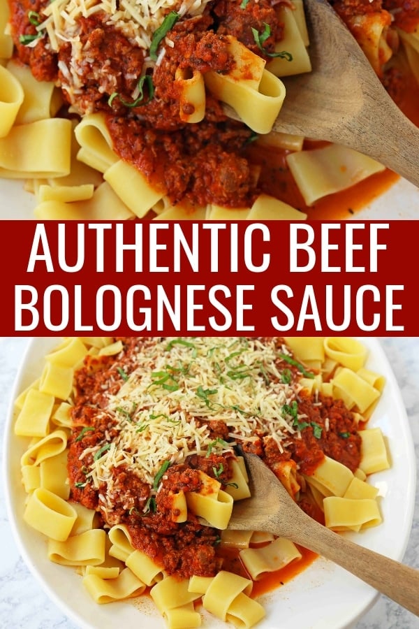 Beef Bolognese Sauce. Authentic Italian Beef Bolognese Sauce on top of fresh pasta is a warm, weeknight dish made in less than 30 minutes. www.modernhoney.com #italian #beefbolognese #pasta #spaghetti #italianfood