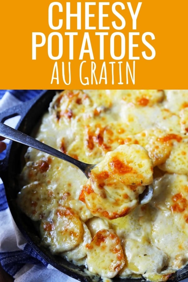 Cheesy Potatoes Au Gratin. Homemade cheesy scalloped potatoes with a rich cream sauce and melted cheddar cheese. The perfect potato side dish recipe! www.modernhoney.com #scallopedpotatoes #potatoesaugratin #potatoes #potato #thanksgiving