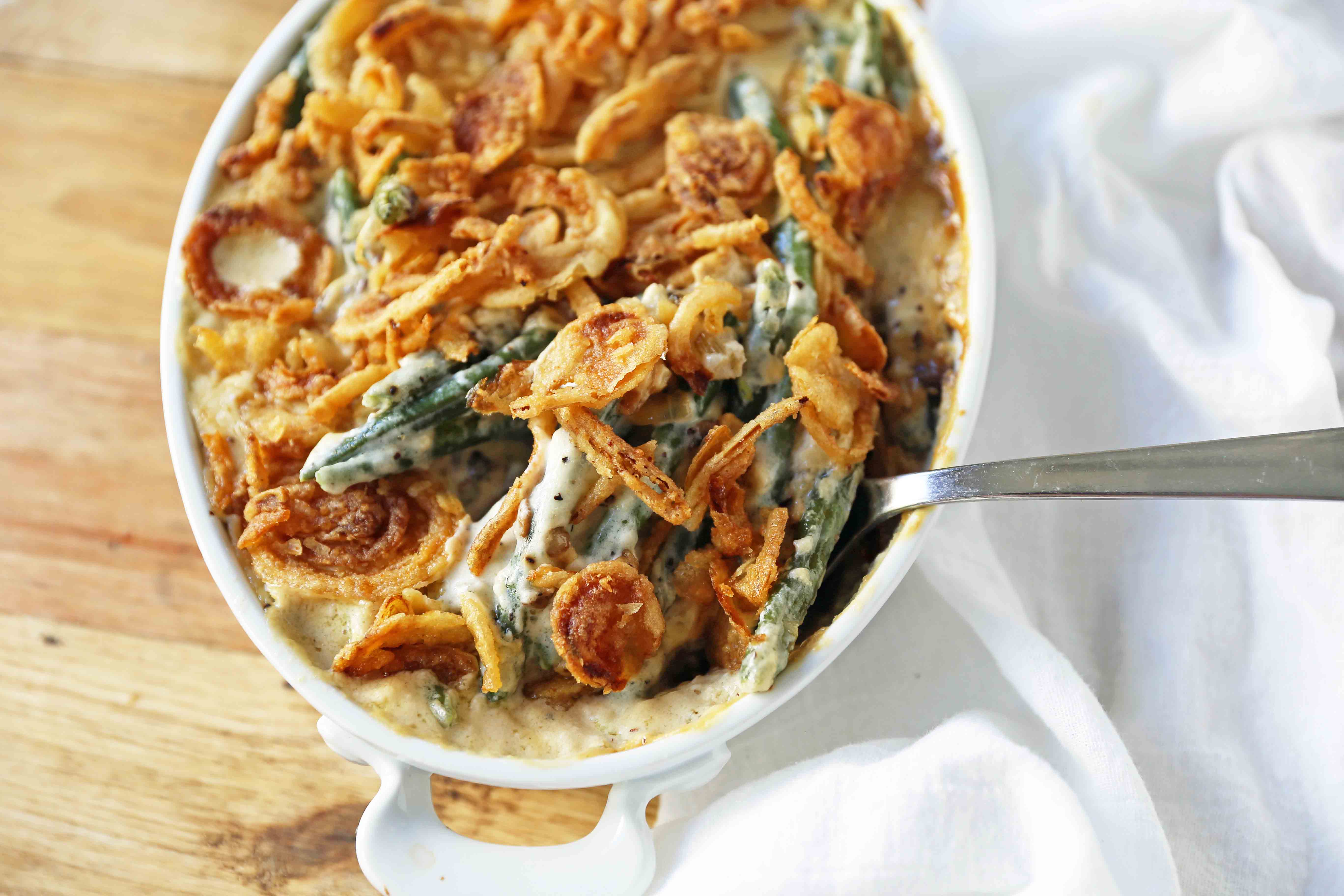 Homemade Green Bean Casserole made from scratch. The BEST Green Bean Casserole Recipe. The perfect Thanksgiving side dish. www.modernhoney.com #greenbeans #greenbeancasserole #thanksgiving #sidedish #vegetables #thanksgivingrecipes