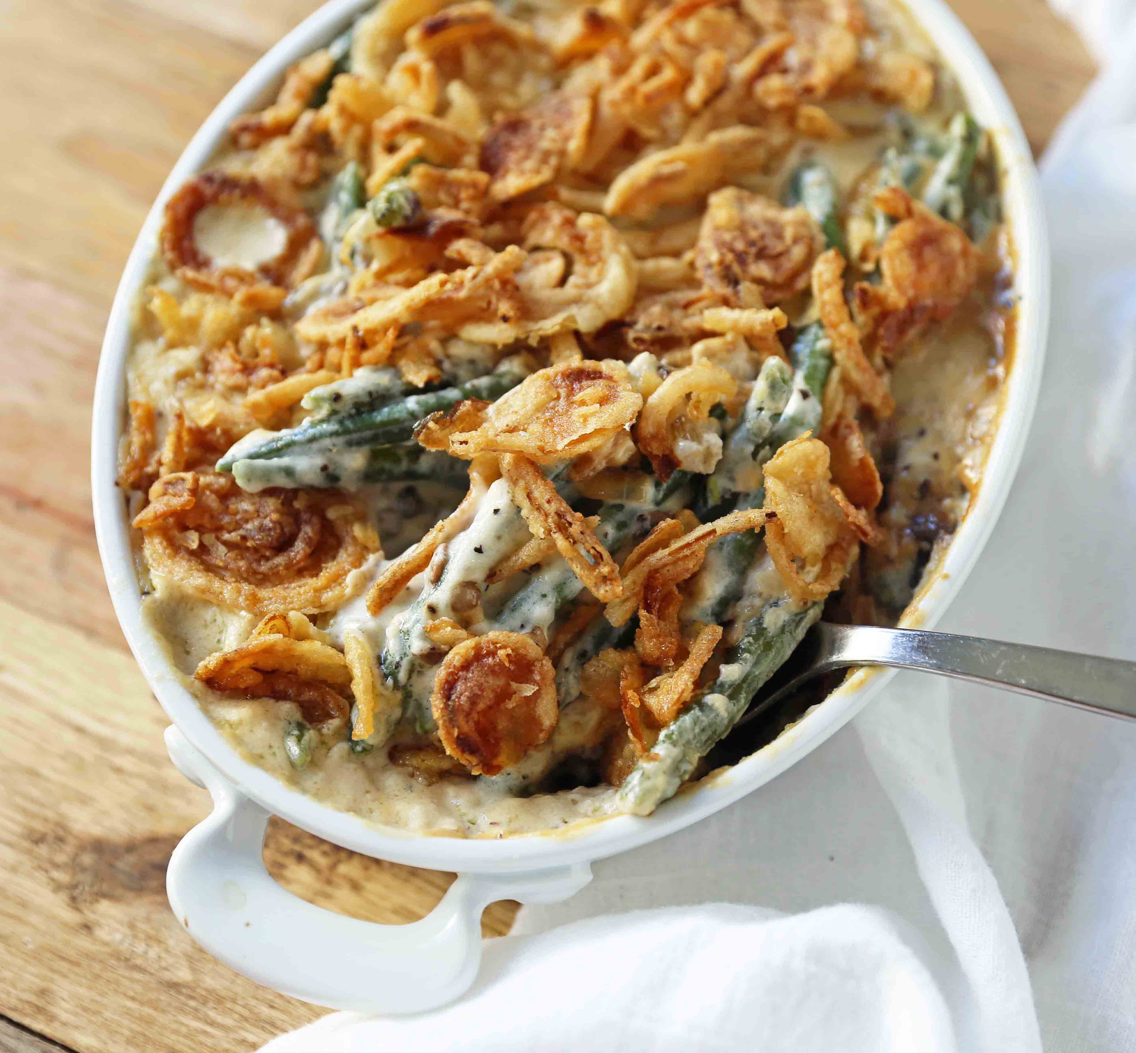 Homemade Green Bean Casserole made from scratch. The BEST Green Bean Casserole Recipe. The perfect Thanksgiving side dish. www.modernhoney.com #greenbeans #greenbeancasserole #thanksgiving #sidedish #vegetables #thanksgivingrecipes