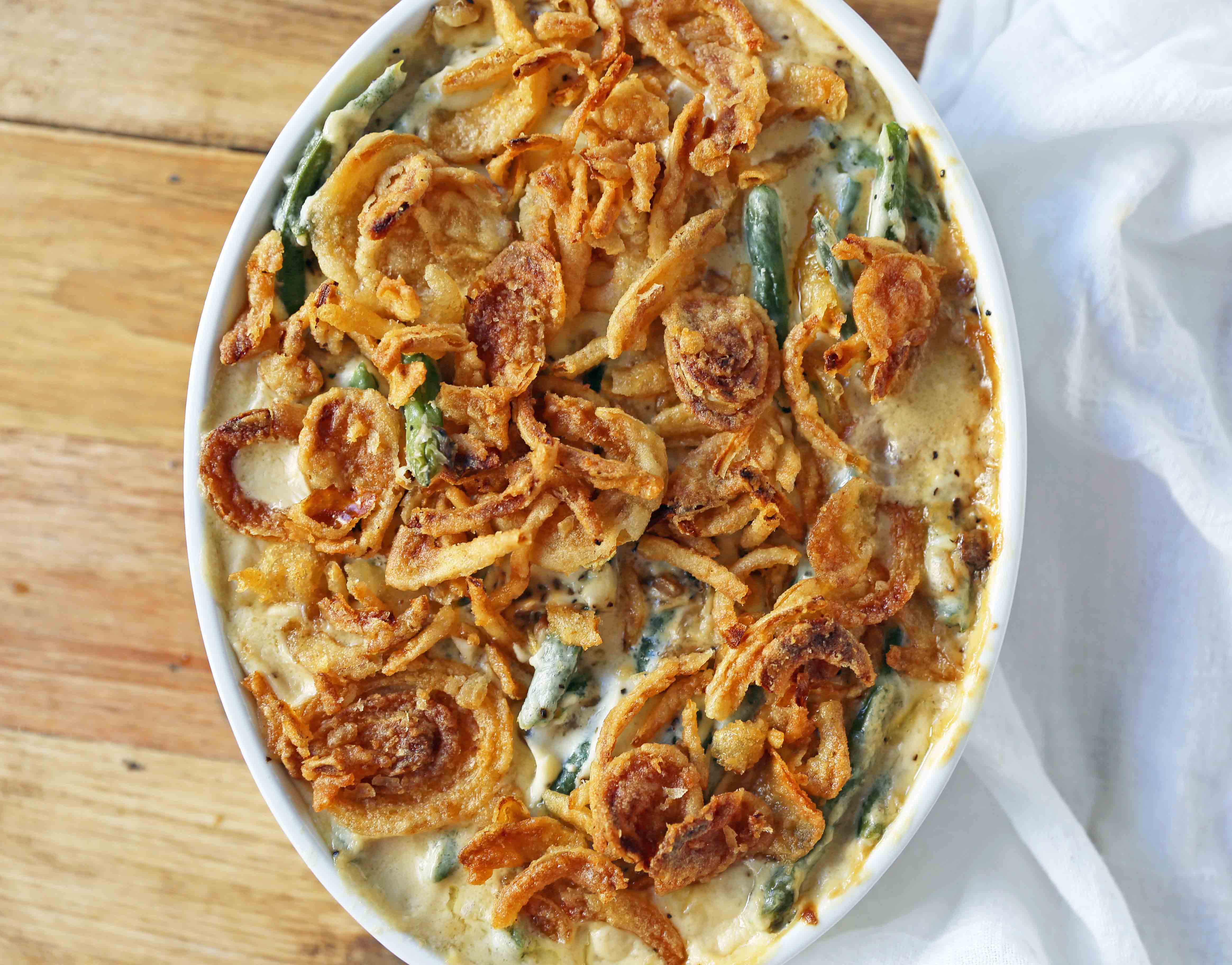 Homemade Green Bean Casserole made from scratch. The BEST Green Bean Casserole Recipe. The perfect Thanksgiving side dish. www.modernhoney.com #greenbeans #greenbeancasserole #thanksgiving #sidedish #vegetables #thanksgivingrecipes