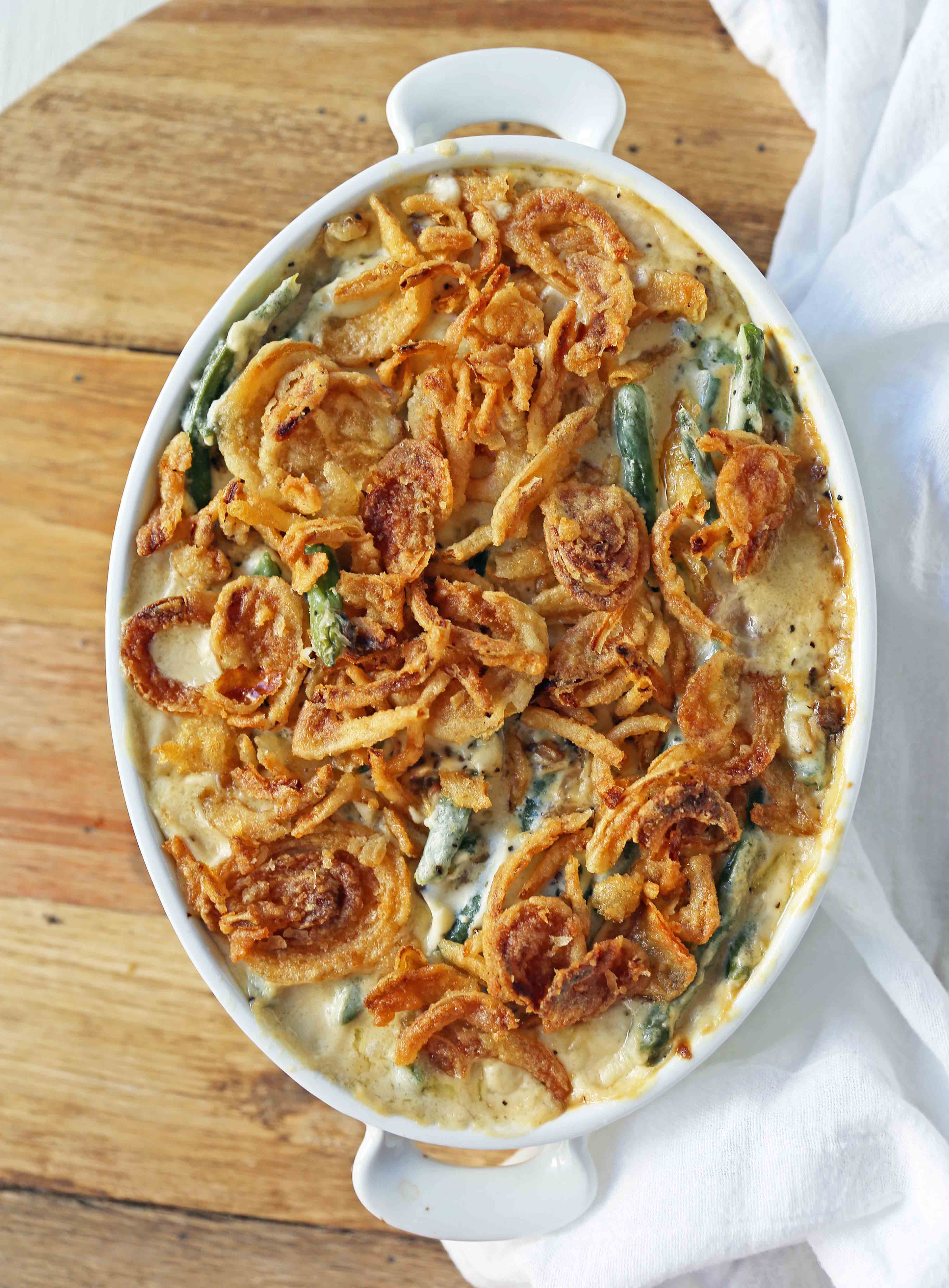 Homemade Green Bean Casserole made from scratch. The BEST Green Bean Casserole Recipe. The perfect Thanksgiving side dish. www.modernhoney.com #greenbeans #greenbeancasserole #thanksgiving #sidedish #vegetables #thanksgivingrecipes