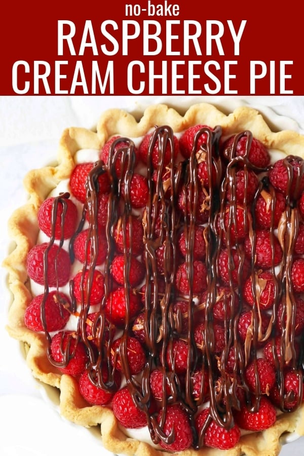 Raspberry Almond Cream Cheese Pie. A simple cream cheese almond pie with fresh raspberries and chocolate drizzle. An award-winning easy pie recipe! www.modernhoney.com #creamcheesepie #raspberrypie #pie #pierecipe #driscolls