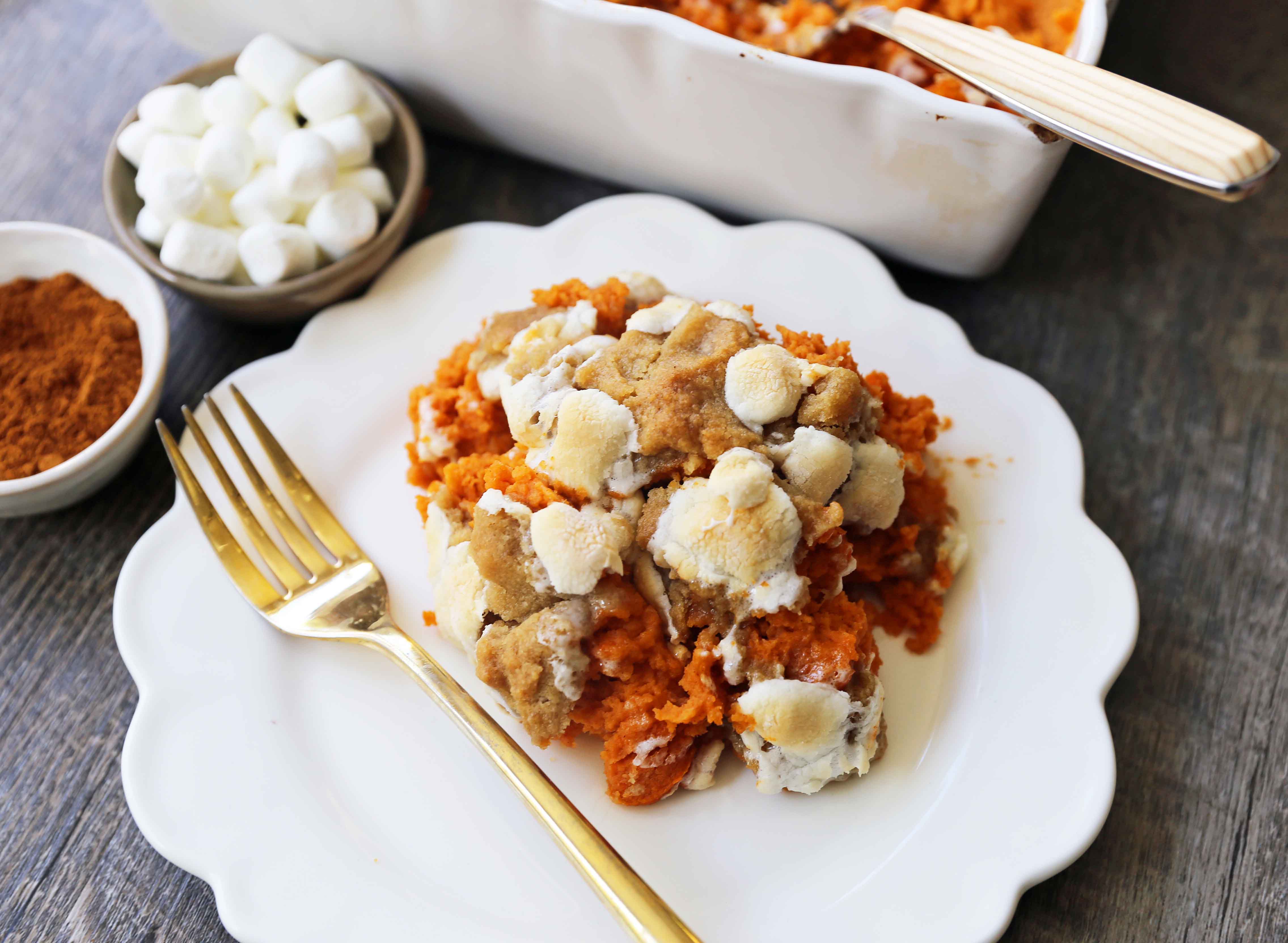 Sweet Potato Casserole with Marshmallows and Streusel. A classic Thanksgiving side dish with savory and creamy sweet potatoes topped with toasted marshmallows and brown sugar streusel. www,modernhoney.com #sweetpotatocasserole #sweetpotatoes #sweetpotatoeswithmarshmallows #thanksgiving #thanksgivingsidedish #sidedish