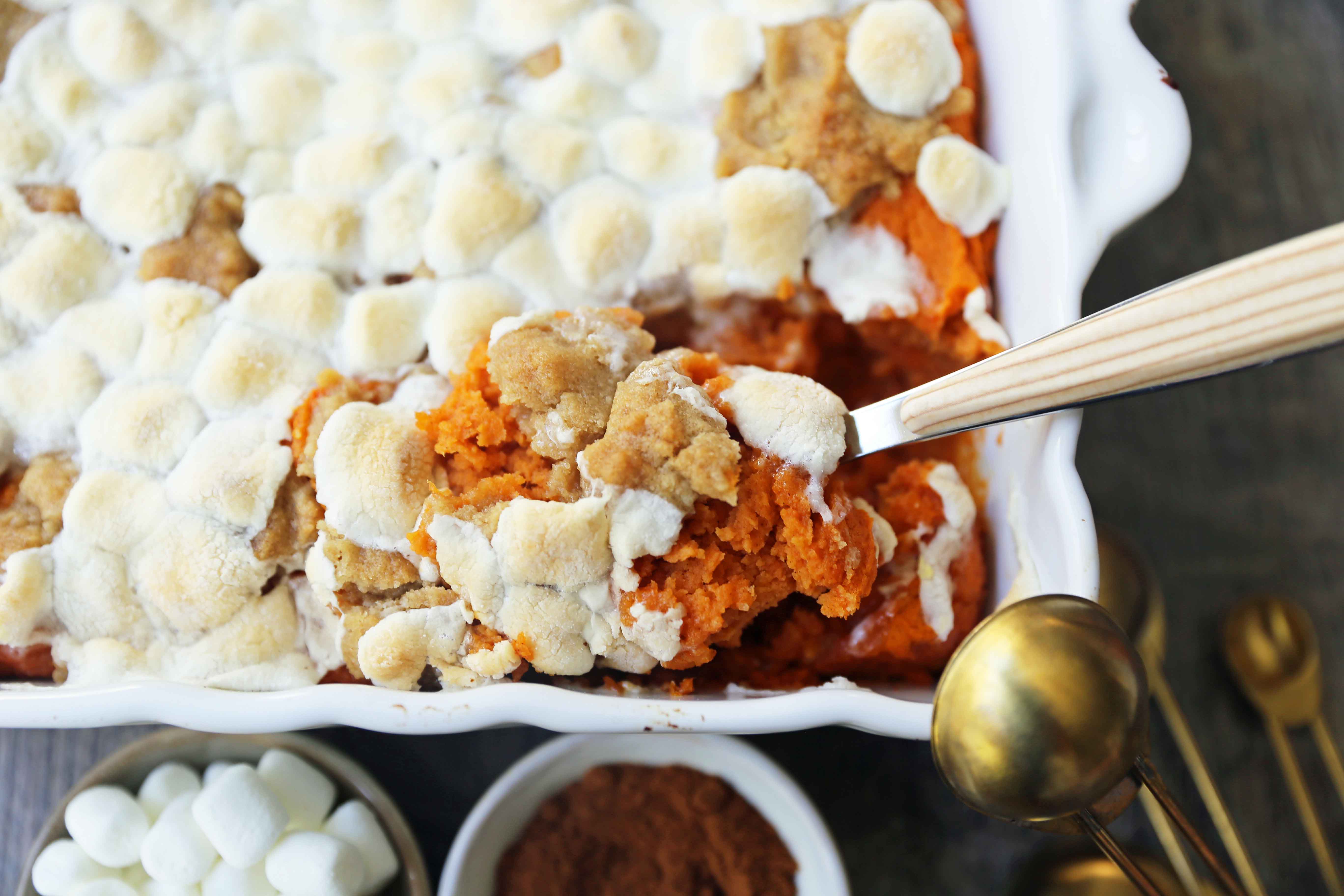 Sweet Potato Casserole with Marshmallows and Streusel. A classic Thanksgiving side dish with savory and creamy sweet potatoes topped with toasted marshmallows and brown sugar streusel. www,modernhoney.com #sweetpotatocasserole #sweetpotatoes #sweetpotatoeswithmarshmallows #thanksgiving #thanksgivingsidedish #sidedish