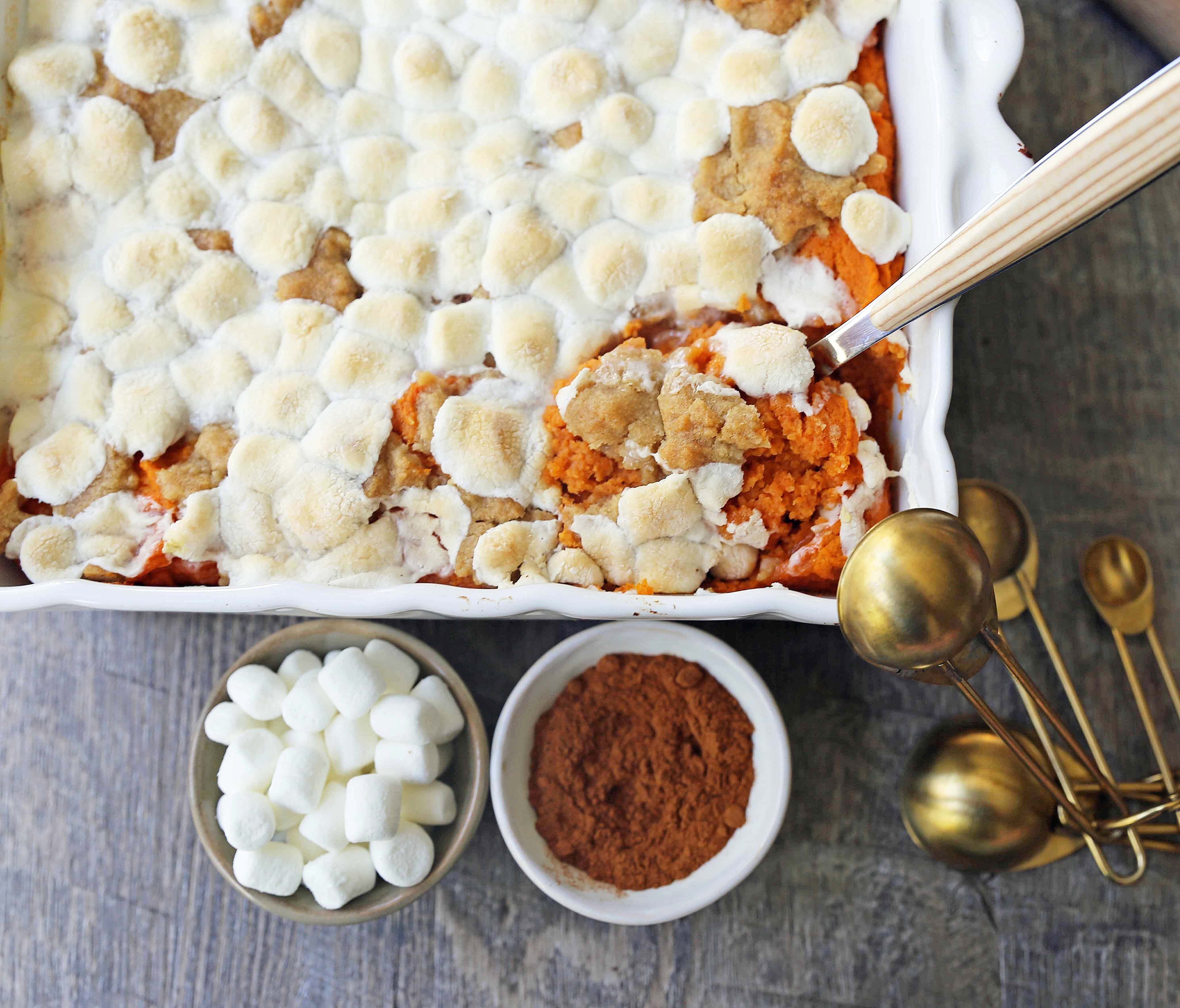 Sweet Potato Casserole with Marshmallows and Streusel. A classic Thanksgiving side dish with savory and creamy sweet potatoes topped with toasted marshmallows and brown sugar streusel. www,modernhoney.com #sweetpotatocasserole #sweetpotatoes #sweetpotatoeswithmarshmallows #thanksgiving #thanksgivingsidedish #sidedish