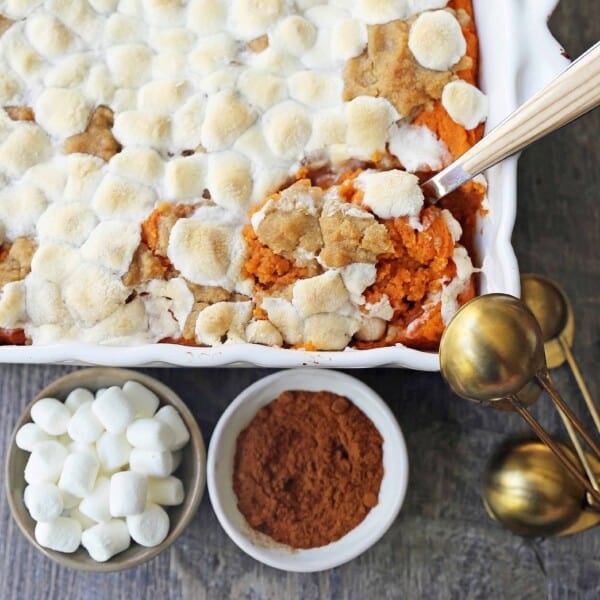 Sweet Potato Casserole with Marshmallows and Streusel. A classic Thanksgiving side dish with savory and creamy sweet potatoes topped with toasted marshmallows and brown sugar streusel. www,modernhoney.com #sweetpotatocasserole #sweetpotatoes #sweetpotatoeswithmarshmallows #thanksgiving #thanksgivingsidedish #sidedish