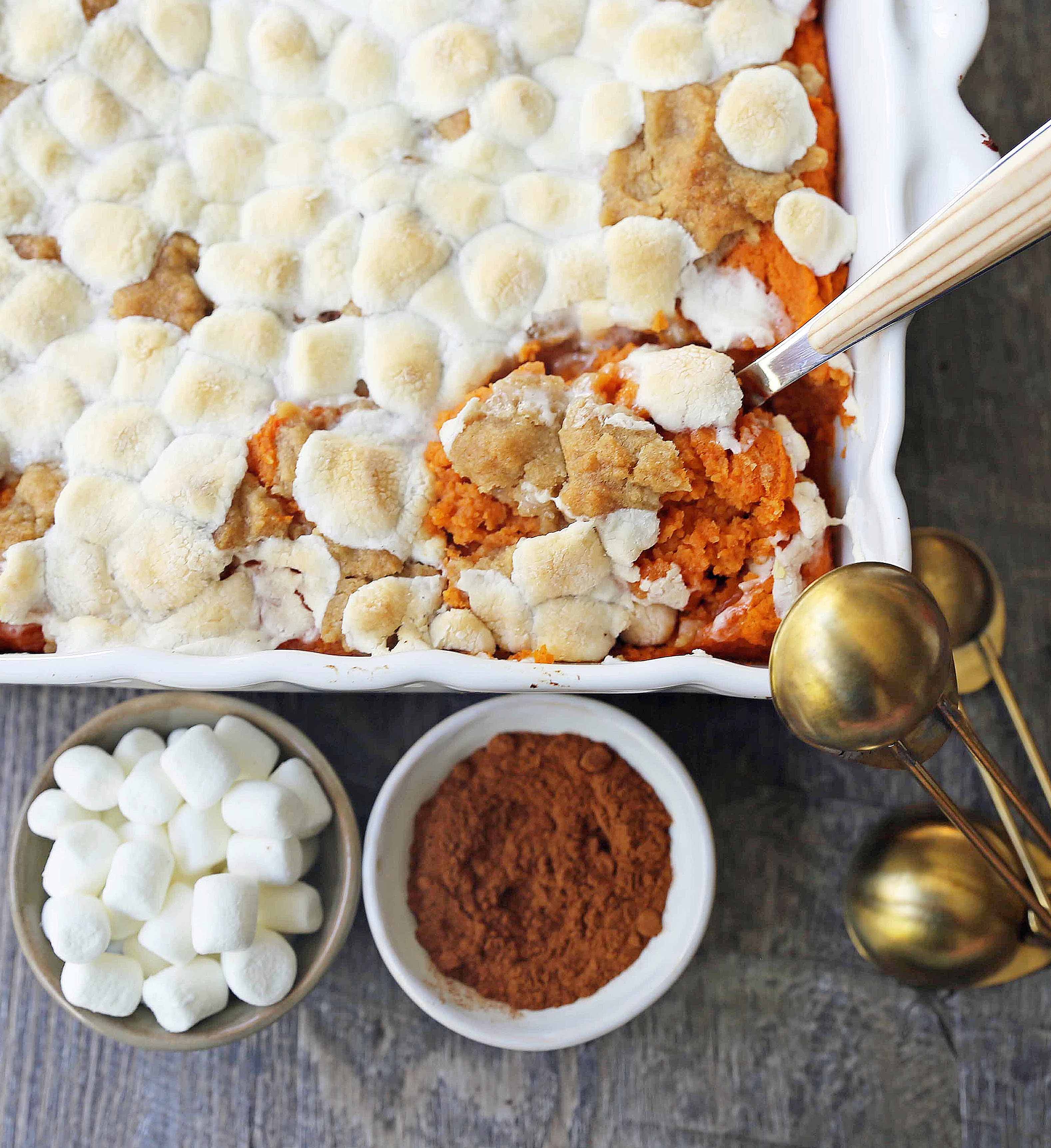 Sweet Potato Casserole with Marshmallows and Streusel. A classic Thanksgiving side dish with savory and creamy sweet potatoes topped with toasted marshmallows and brown sugar streusel. www,modernhoney.com #sweetpotatocasserole #sweetpotatoes #sweetpotatoeswithmarshmallows #thanksgiving #thanksgivingsidedish #sidedish