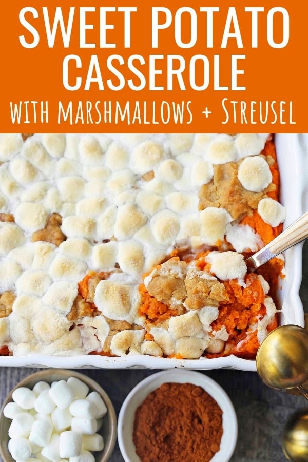 Sweet Potato Casserole with Marshmallows and Streusel. A classic Thanksgiving side dish with savory and creamy sweet potatoes topped with toasted marshmallows and brown sugar streusel. www,modernhoney.com #sweetpotatocasserole #sweetpotatoes #sweetpotatoeswithmarshmallows #thanksgiving #thanksgivingsidedish #sidedish