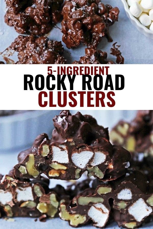 Rocky Road Candy Clusters. Easy no-bake 5-ingredients rocky road clusters made with chocolate, butterscotch, walnuts, and marshmallows. Microwave 5-ingredient Christmas candy recipe. www.modernhoney.com #chocolate #microwavecandy #5ingredients #christmascandy #rockyroad #rockyroadcandy #rockyroadclusters #chocolatemarshmallow