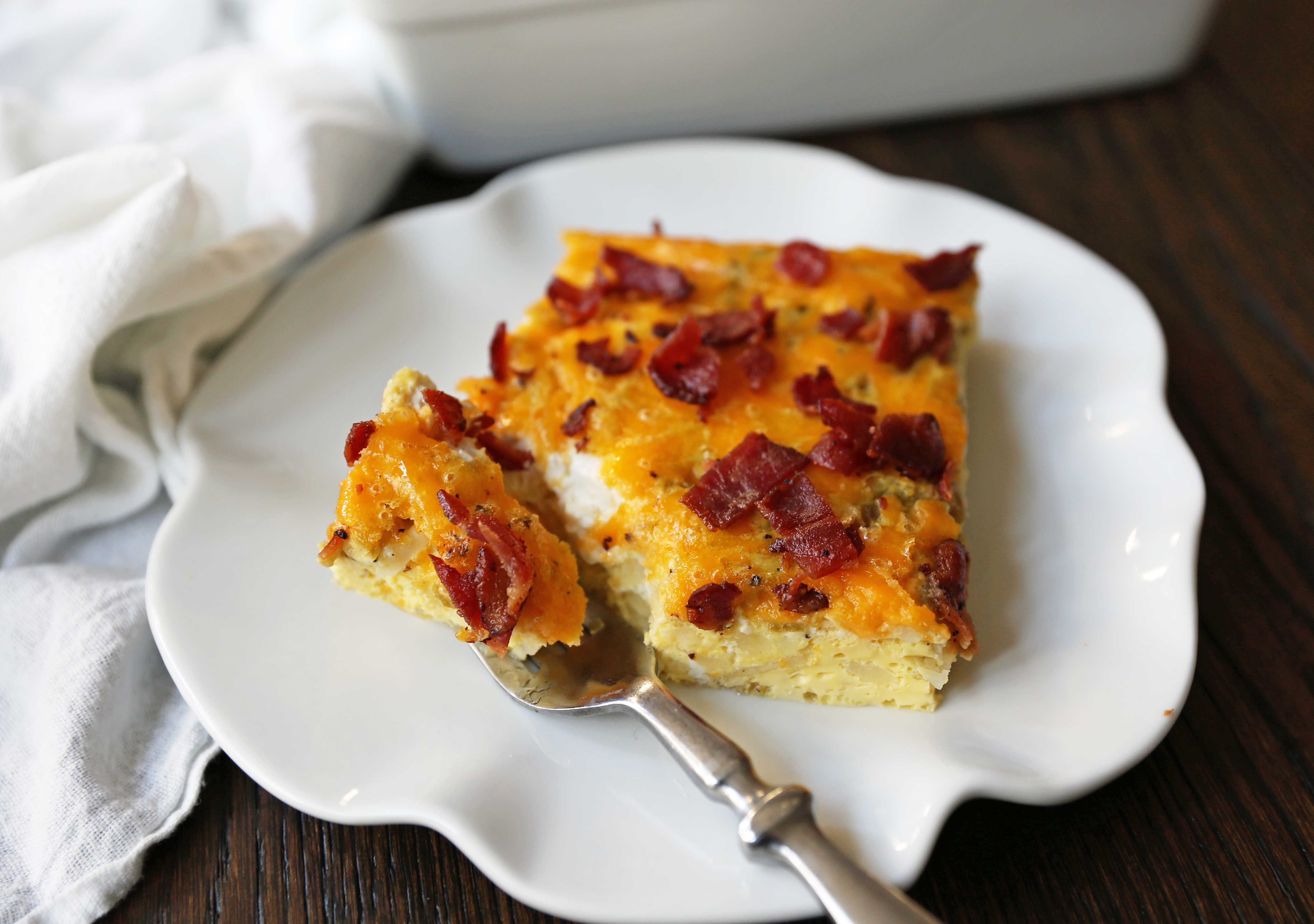 Bacon Egg and Cheese Casserole. An easy breakfast casserole recipe. Green Chili Bacon Cheese Egg Breakfast Souffle. www.modernhoney.com #breakfast #eggs #eggdish #eggcasserole #breakfastcasserole #christmas #christmasbreakfast #christmascasserole