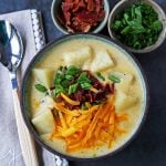 Loaded Baked Potato Soup. Creamy Cheesy Potato Soup topped with crispy bacon, green onions, sharp cheddar cheese, and sour cream. The perfect baked potato soup recipe. www.modernhoney.com #soup #soups #bakedpotatosoup #potatosoup #creamsoup www.modernhoney.com