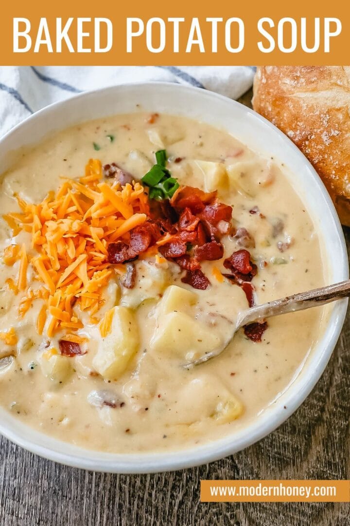 Loaded Baked Potato Soup is a rich and creamy potato cheese soup topped with crispy bacon, sour cream, green onions, and sharp cheddar cheese. A family favorite potato cheese soup recipe!