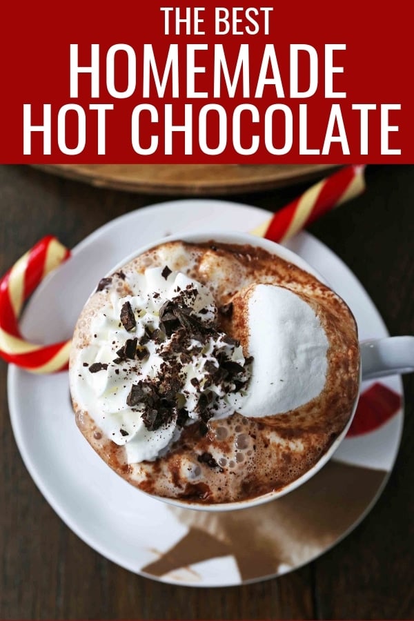 Homemade Hot Chocolate Recipe. How to make easy 5-ingredient gourmet hot chocolate. This Slow Cooker Hot Chocolate is perfect to serve at parties. A list of hot chocolate toppings ideas to make your very own Hot Chocolate Bar. www.modernhoney.com #hotchocolate #homemadehotchocolate #chocolate #hotchocolatebar #hotchocolatetoppings #christmas