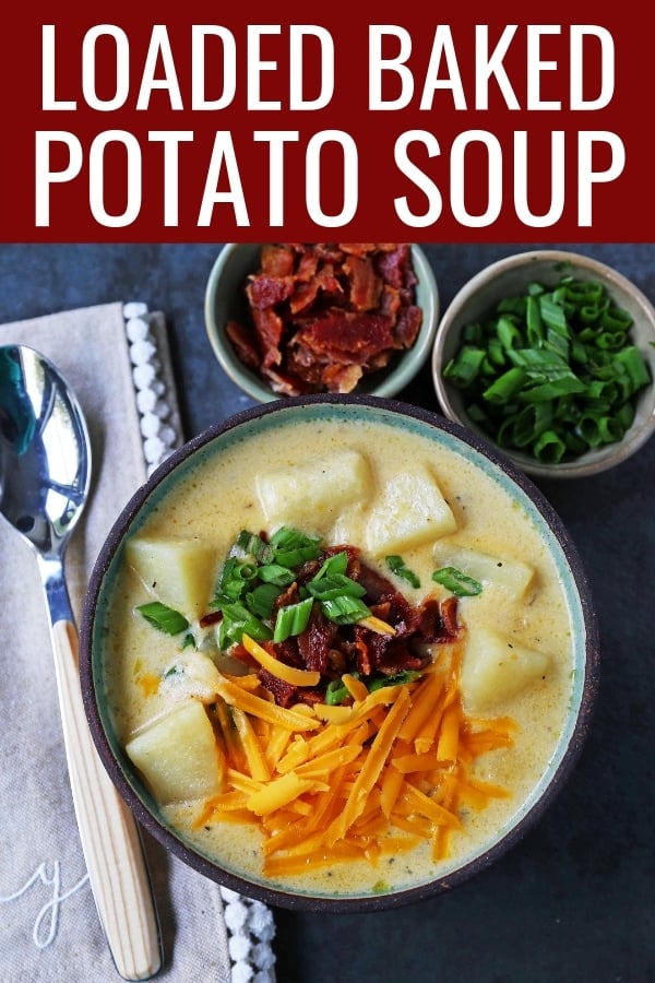 Loaded Baked Potato Soup. Creamy Cheesy Potato Soup topped with crispy bacon, green onions, sharp cheddar cheese, and sour cream. The perfect baked potato soup recipe. www.modernhoney.com #soup #soups #bakedpotatosoup #potatosoup #creamsoup www.modernhoney.com