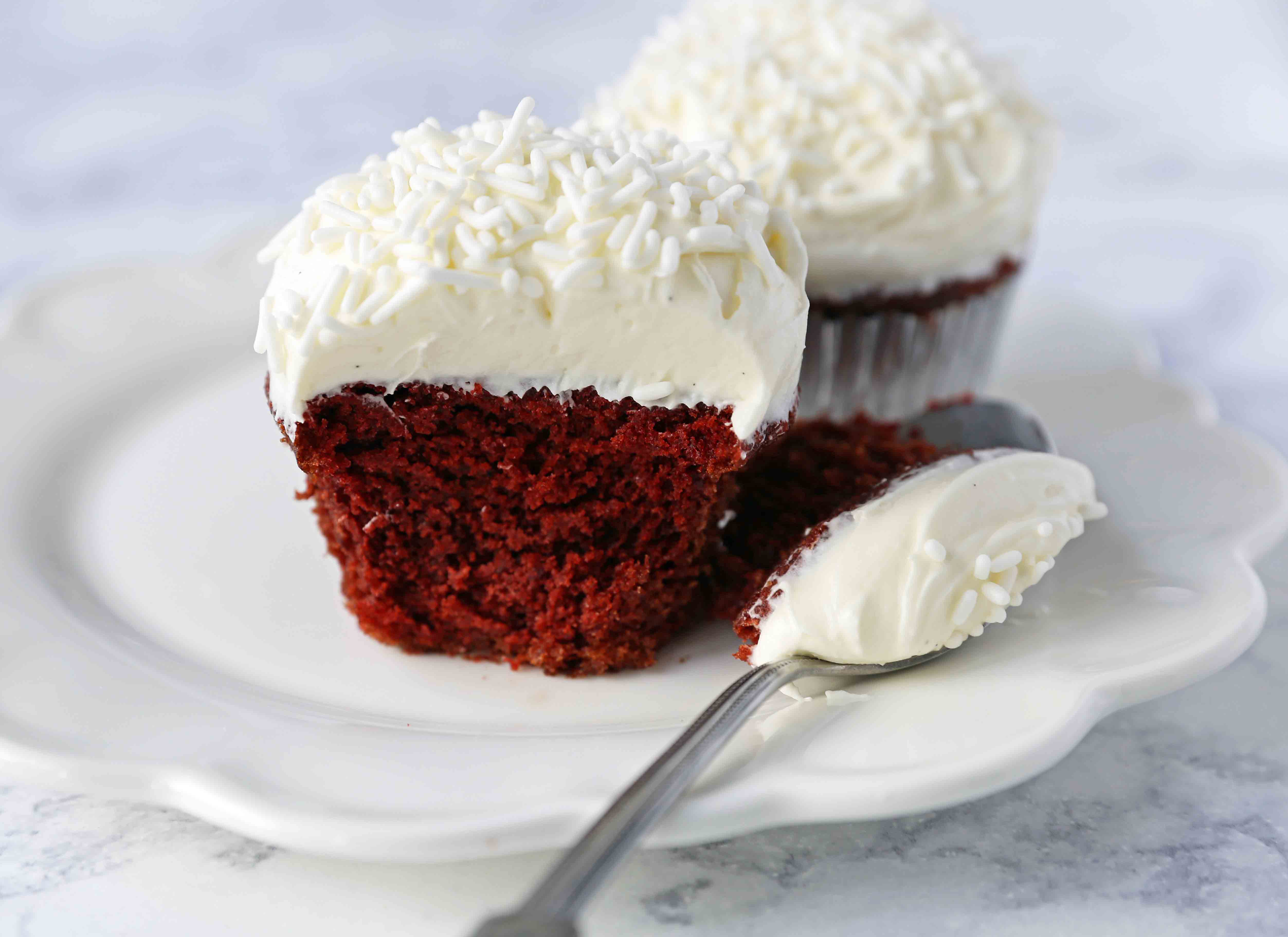 Red Velvet Cupcakes. The Best Red Velvet Cupcake Recipe with Cream Cheese Frosting. All of the tips and tricks for making perfect red velvet cupcakes every single time! www.modernhoney.com #redvelvet #redvelvetcupcakes #redvelvetcupcake 