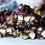 Rocky Road Candy Clusters. Easy no-bake 5-ingredients rocky road clusters made with chocolate, butterscotch, walnuts, and marshmallows. Microwave 5-ingredient Christmas candy recipe. www.modernhoney.com #chocolate #microwavecandy #5ingredients #christmascandy #rockyroad #rockyroadcandy #rockyroadclusters #chocolatemarshmallow