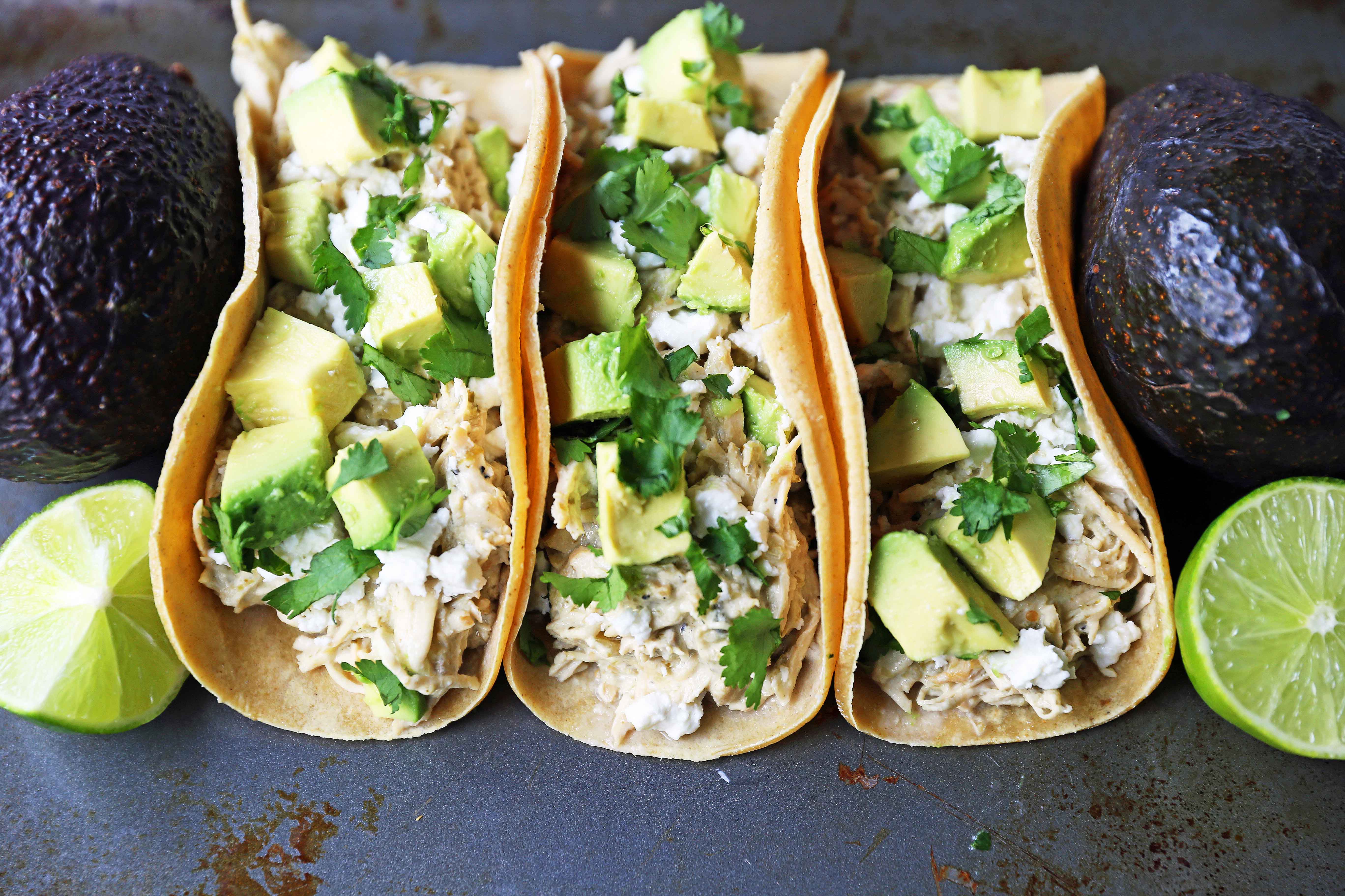 Creamy Crockpot Salsa Verde Chicken Tacos. Slow Cooker 3-Ingredient Creamy Salsa Verde Chicken Recipe. A quick, easy, flavorful meal! www.modernhoney.com #tacos #chickentacos #slowcooker #crockpot #crockpotchicken