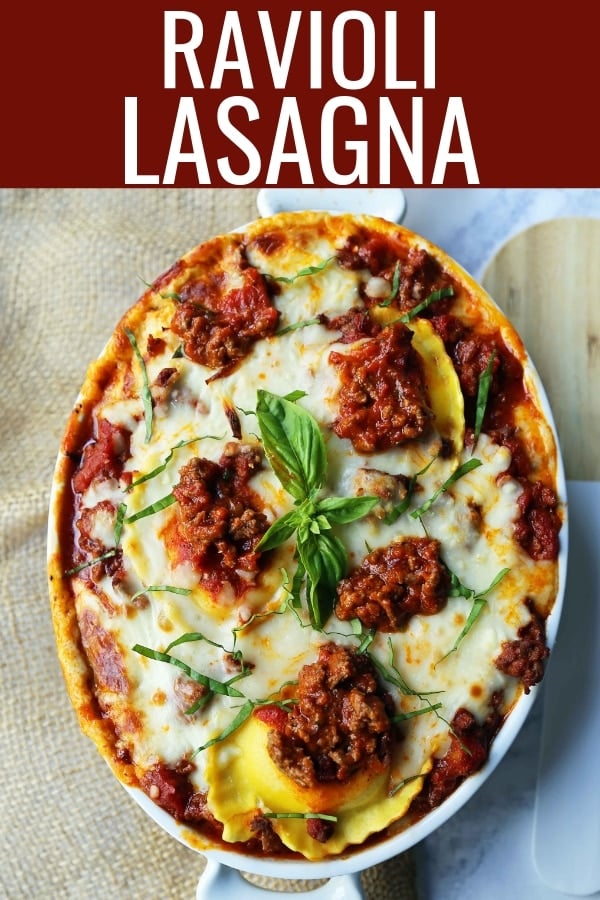 Ravioli Lasagna. Quick and Easy Lasagna Recipe made with cheese ravioli, meat sauce, and melted mozzarella cheese. How to make the best ravioli lasagna. www.modernhoney.com #lasagna #italian #italianfood #ravioli #dinner #dinnerrecipe 