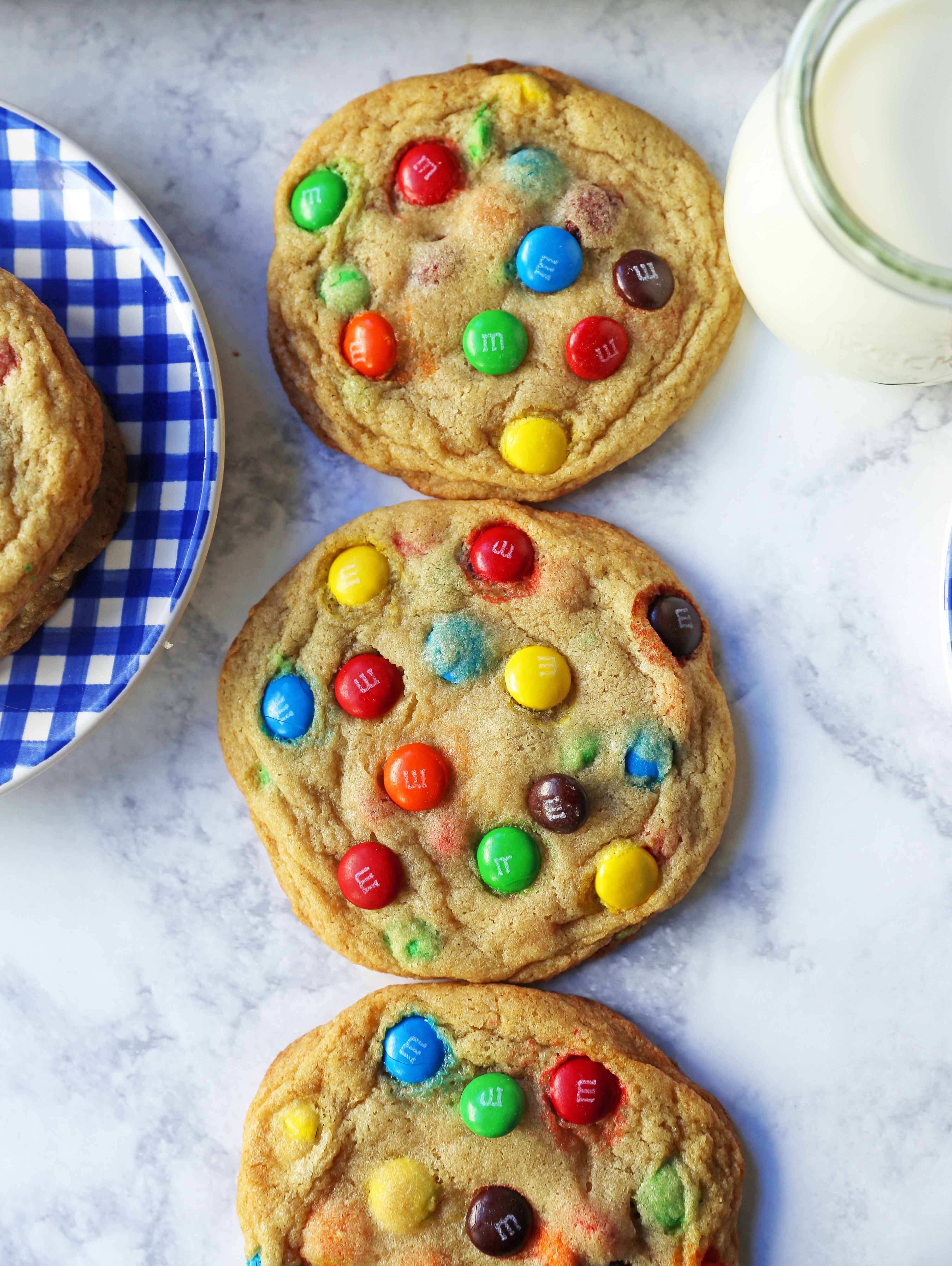 Soft and Chewy M & M Cookies. The best M & M cookie recipe. How to make the perfect M & M cookie. www.modernhoney.com #cookie #cookies #m&mcookie #m&mcookies #dessert