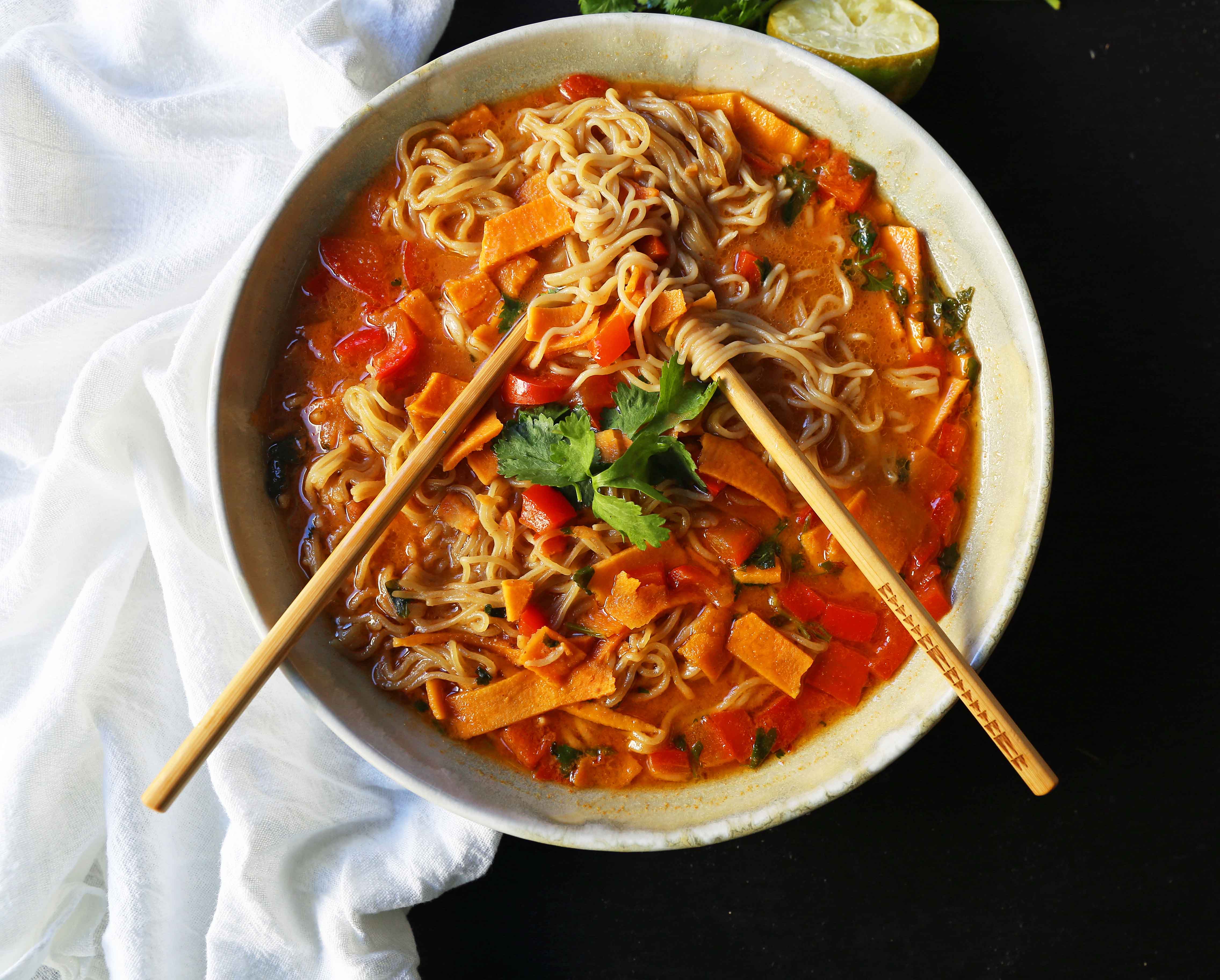 Thai Coconut Curry Vegetable Soup. A rich gluten-free and dairy-free vegetable coconut curry soup recipe. How to make a vegetable ramen at home. www.modernhoney.com #curry #vegetablecurry #vegetables #thai #thaifood #thaicurry #coconutcurry #vegetablecurry