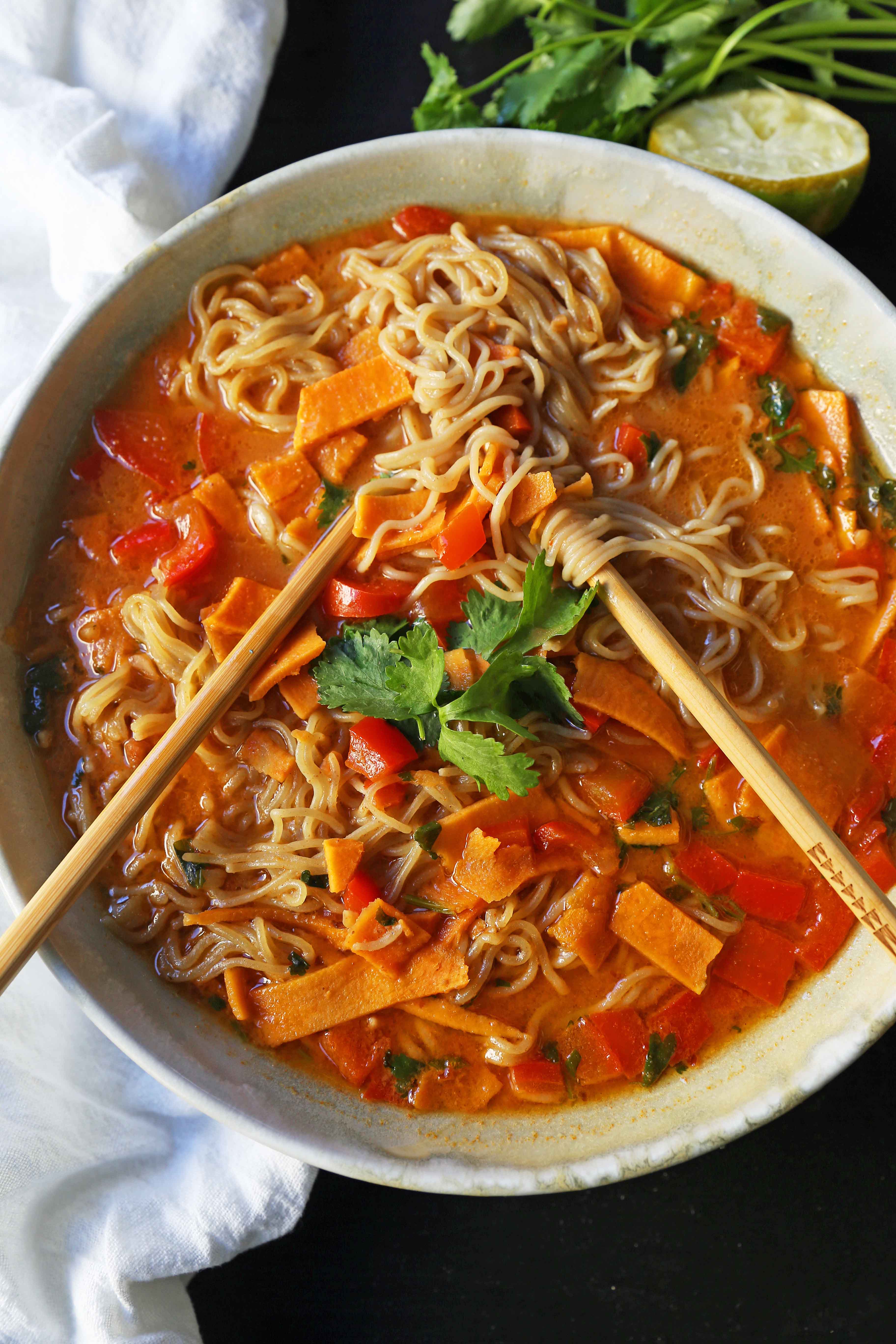 Thai Coconut Curry Vegetable Soup. A rich gluten-free and dairy-free vegetable coconut curry soup recipe. How to make a vegetable ramen at home. www.modernhoney.com #curry #vegetablecurry #vegetables #thai #thaifood #thaicurry #coconutcurry #vegetablecurry