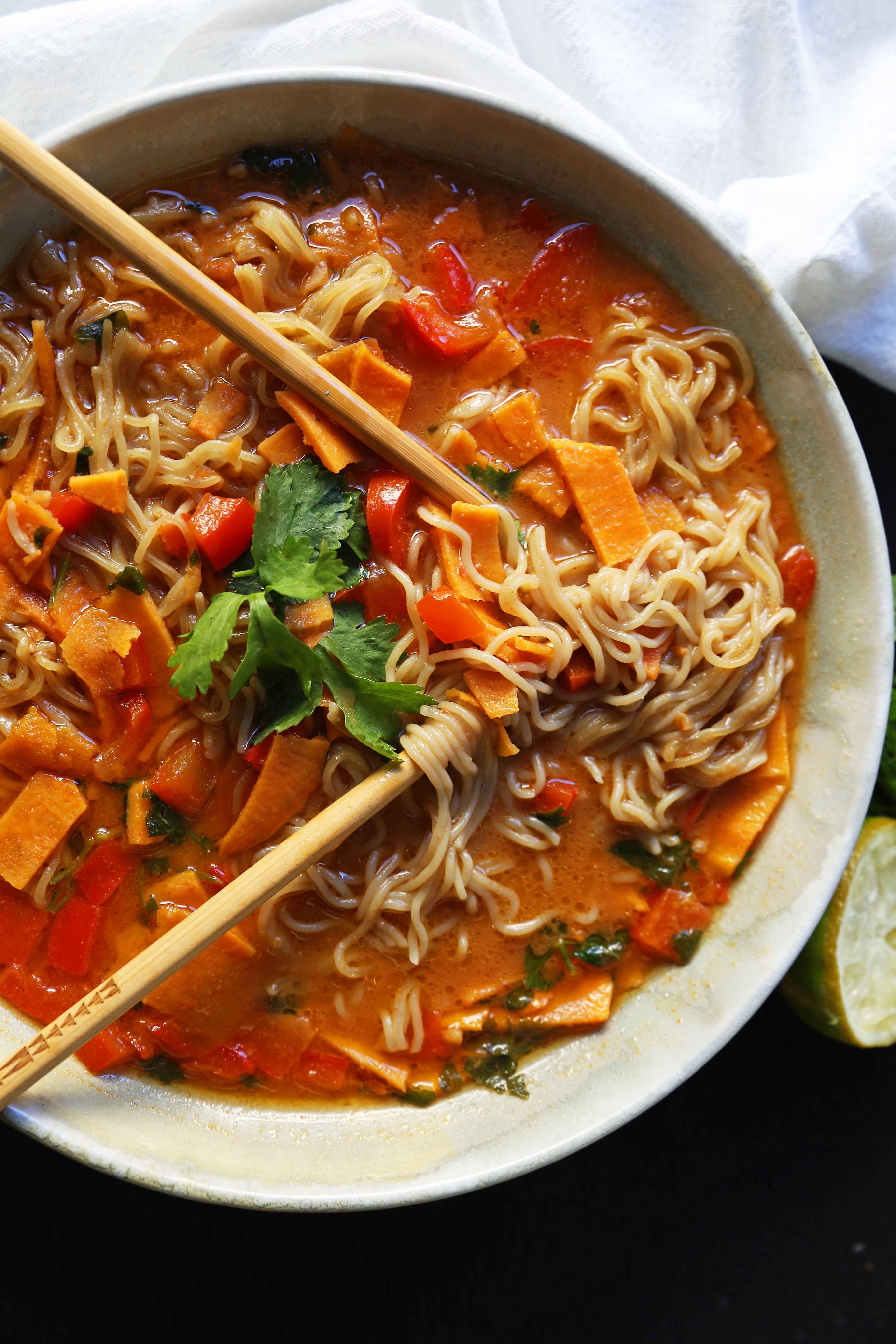 Thai Coconut Curry Vegetable Soup. A rich gluten-free and dairy-free vegetable coconut curry soup recipe. How to make a vegetable ramen at home. www.modernhoney.com #curry #vegetablecurry #vegetables #thai #thaifood #thaicurry #coconutcurry #vegetablecurry