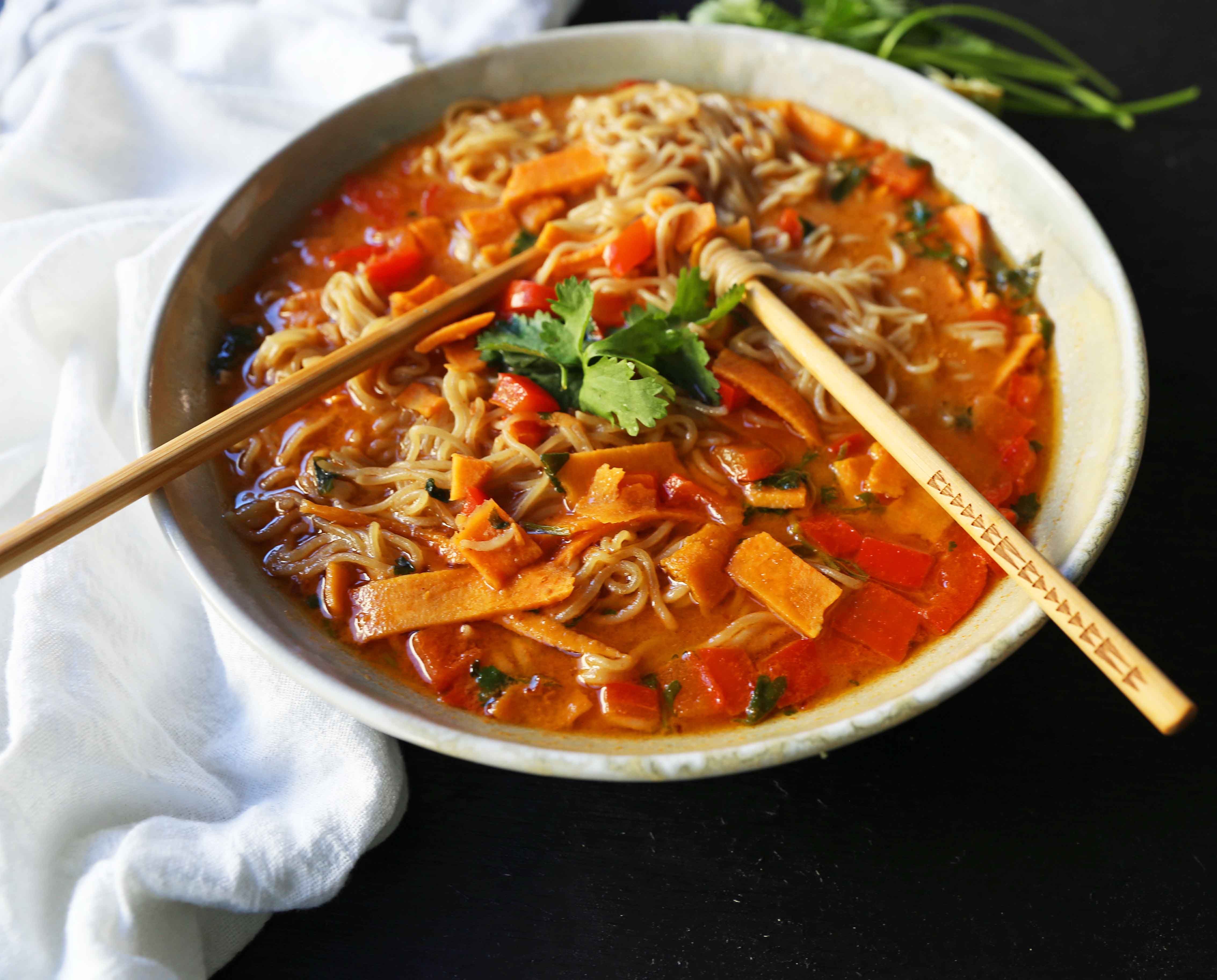 Thai Coconut Curry Vegetable Soup. A rich gluten-free and dairy-free vegetable coconut curry soup recipe. How to make a vegetable ramen at home. www.modernhoney.com #curry #vegetablecurry #vegetables #thai #thaifood #thaicurry #coconutcurry #vegetablecurry