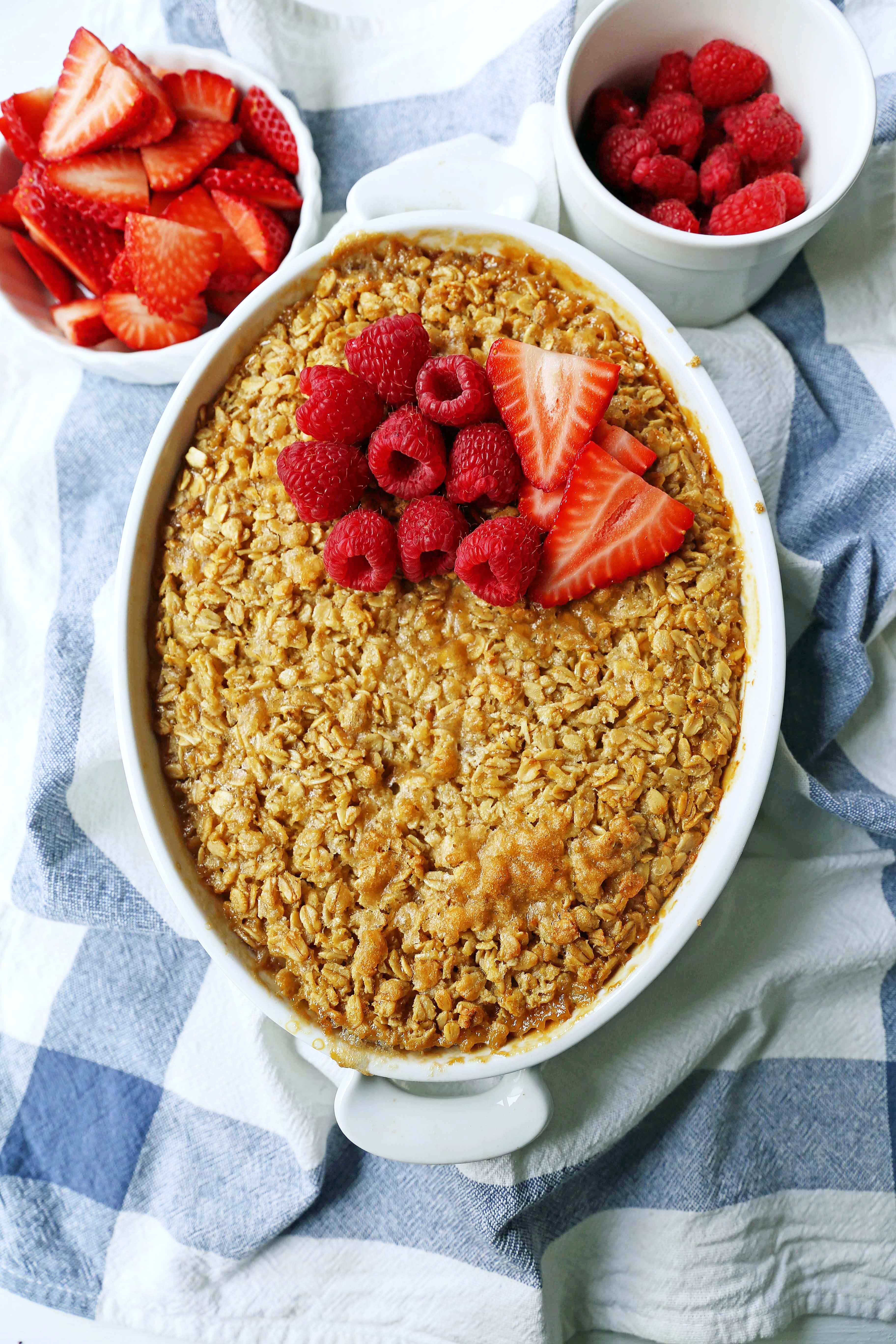 Baked Oatmeal. Brown Sugar Baked Oatmeal. A warm, comfort food breakfast is a perfect way to serve a crowd or to re-heat for those busy mornings.  www.modernhoney.com #bakedoatmeal #oatmeal #oatmealbake #brownsugaroatmeal