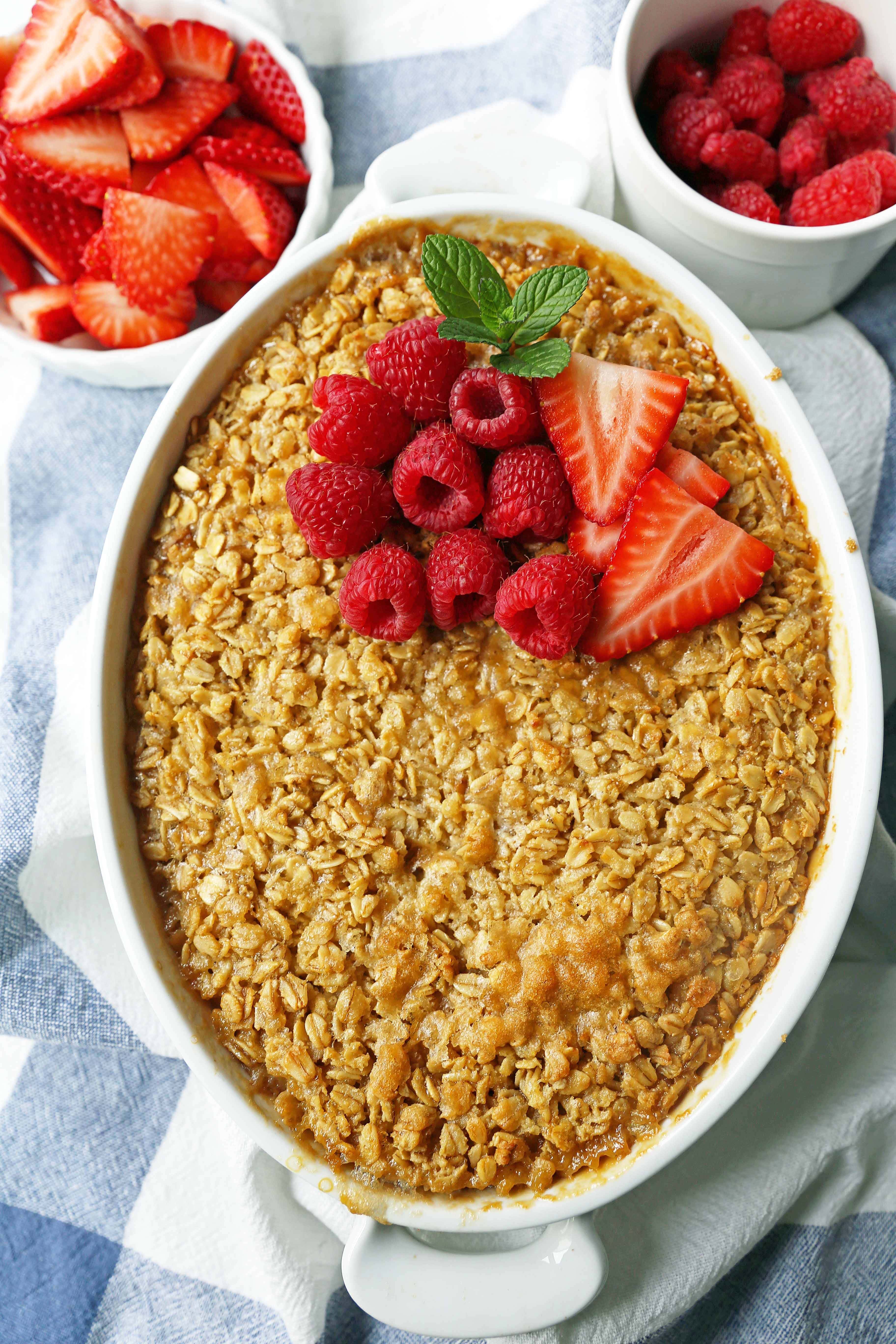 Baked Oatmeal. Brown Sugar Baked Oatmeal. A warm, comfort food breakfast is a perfect way to serve a crowd or to re-heat for those busy mornings.  www.modernhoney.com #bakedoatmeal #oatmeal #oatmealbake #brownsugaroatmeal