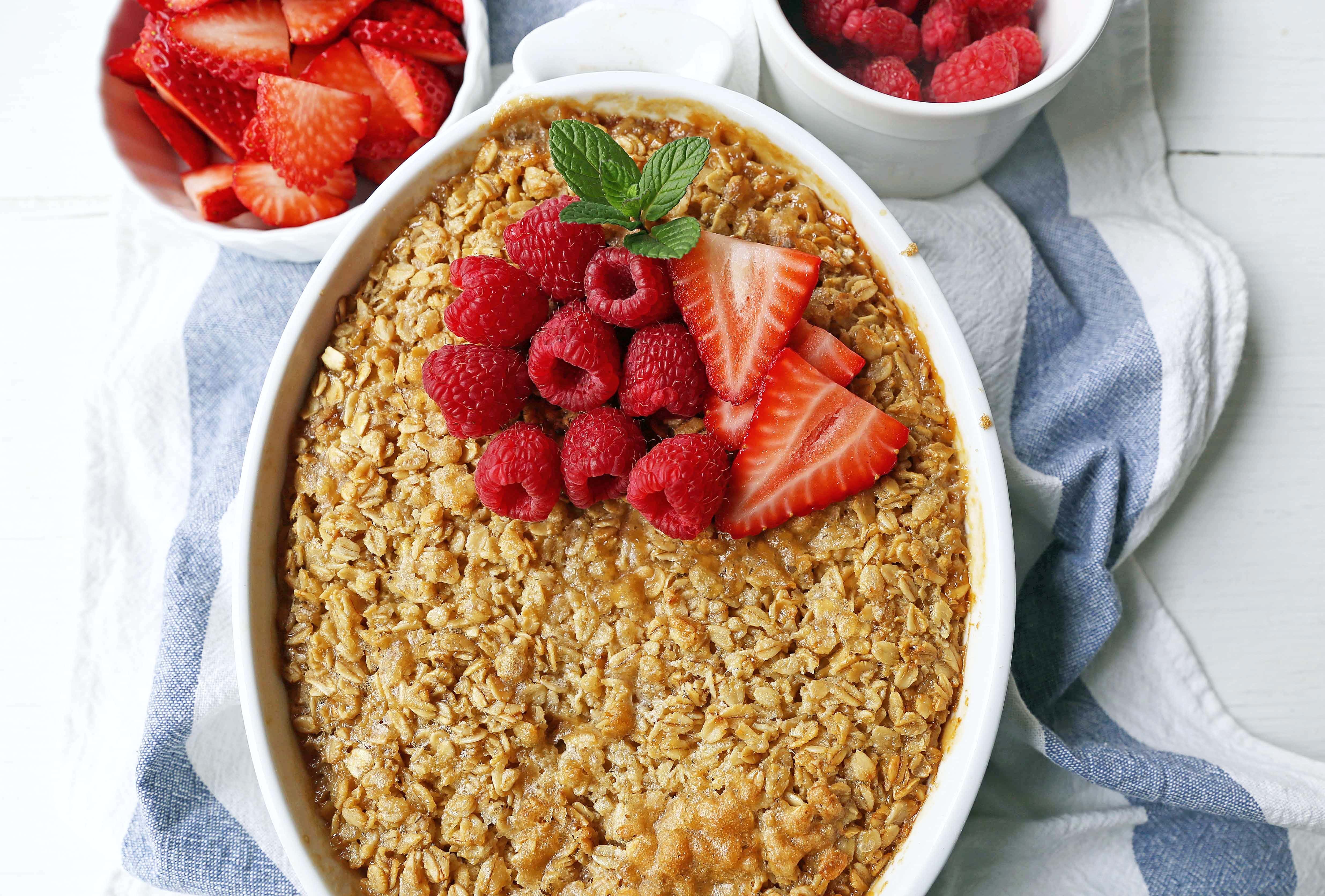 Baked Oatmeal. Brown Sugar Baked Oatmeal. A warm, comfort food breakfast is a perfect way to serve a crowd or to re-heat for those busy mornings.  www.modernhoney.com #bakedoatmeal #oatmeal #oatmealbake #brownsugaroatmeal