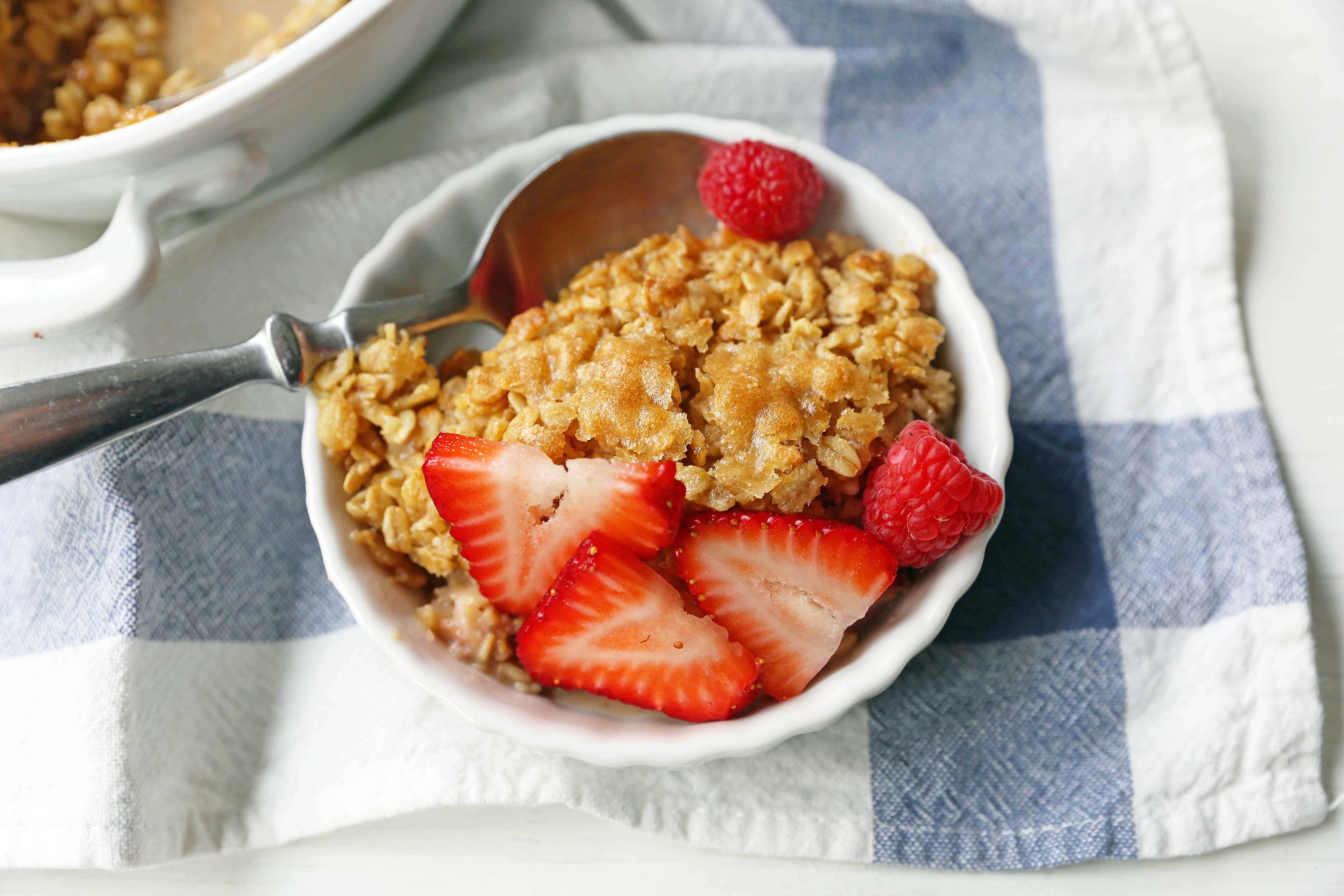 Baked Oatmeal. Brown Sugar Baked Oatmeal. A warm, comfort food breakfast is a perfect way to serve a crowd or to re-heat for those busy mornings.  www.modernhoney.com #bakedoatmeal #oatmeal #oatmealbake #brownsugaroatmeal
