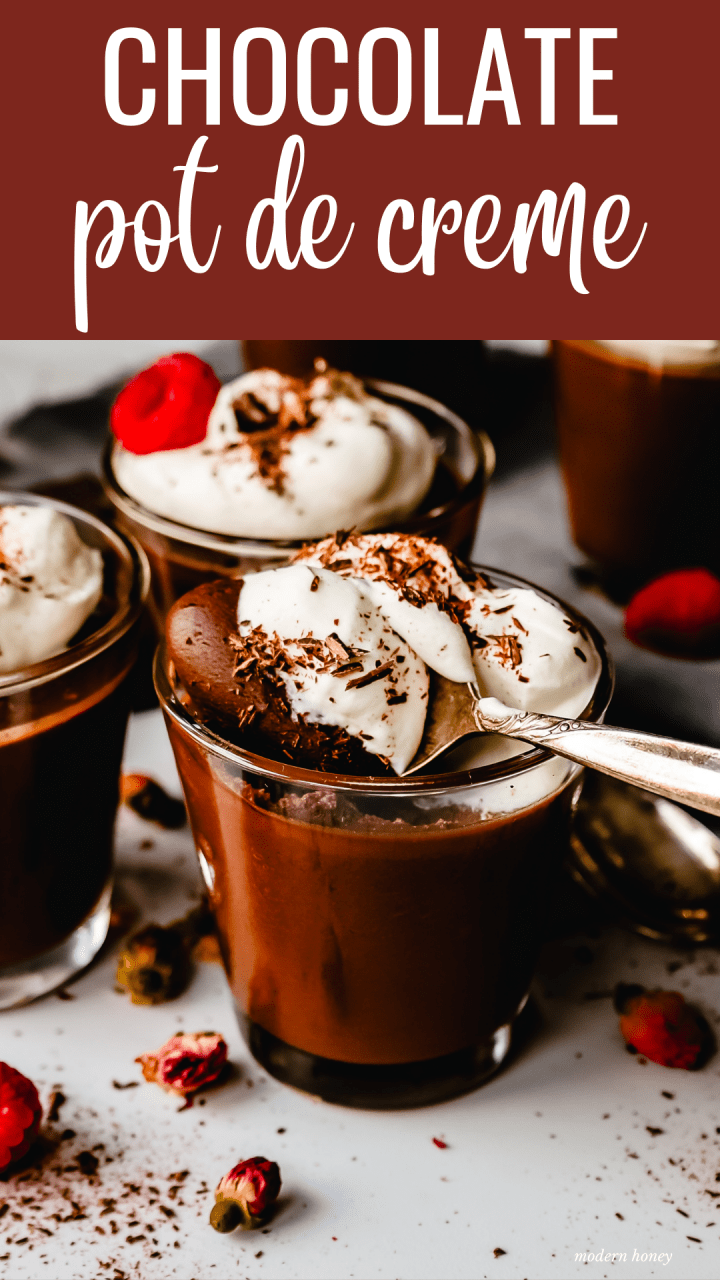 Chocolate Pot de Creme. Rich velvety smooth chocolate custard topped with fresh whipped cream. A pot of cream made with melted chocolate, heavy cream, sugar, and egg yolks. A decadent chocolate dessert!