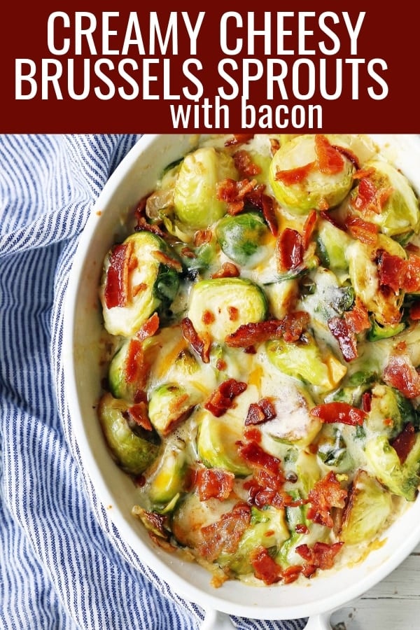 Creamy Cheesy Brussels Sprouts with Bacon. Roasted brussels sprouts with crispy bacon, a creamy sauce, and melted cheese. www.modernhoney.com #brusselsprouts #brusselsprouts #sidedish #vegetables