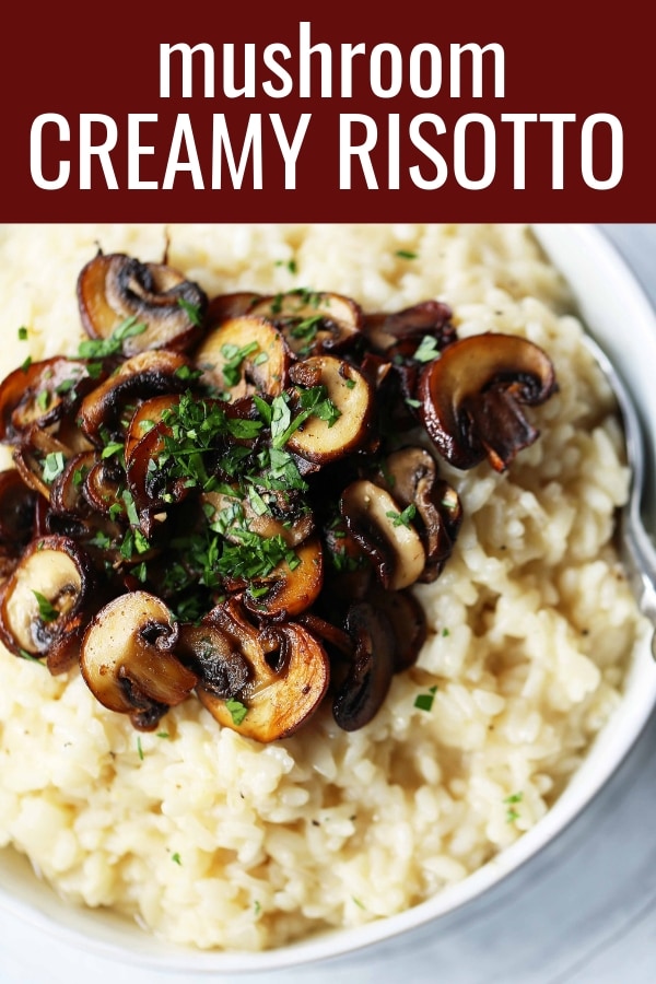 Creamy Mushroom Risotto. Rich, creamy rice slowly simmered with chicken broth, butter, parmesan cheese, and topped with butter sauteed mushrooms. www.modernhoney.com #risotto #homemaderisotto #mushroomrisotto