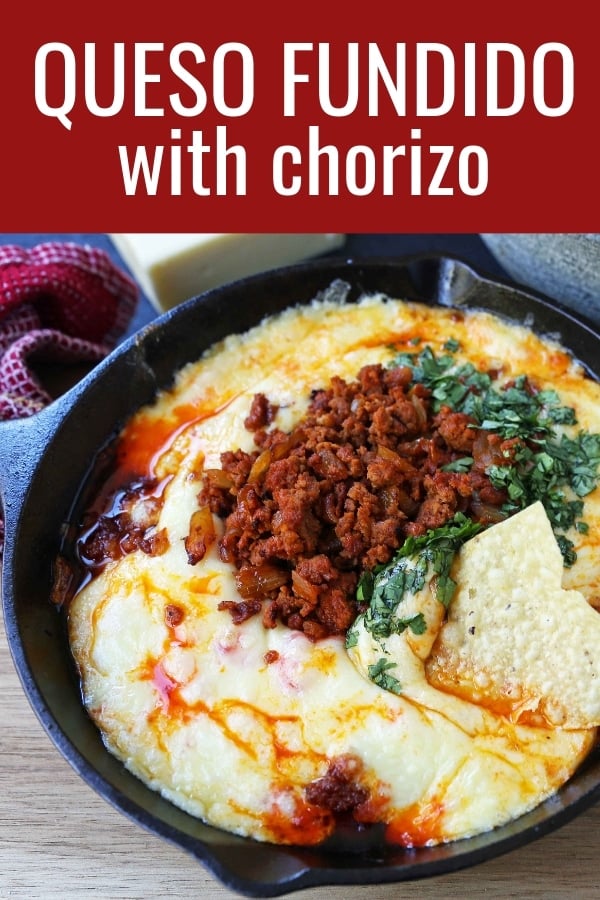 Queso Fundido with Chorizo. A skillet of melted Mexican cheeses seasoned with peppers, onions, and spicy Mexican chorizo sausage and served with hot tortillas or chips. The perfect Mexican appetizer! www.modernhoney.com #appetizer #appetizers #mexican #mexicanfood #queso #quesofundido