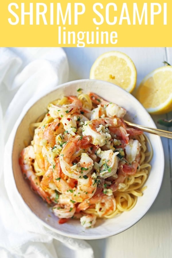 Shrimp Scampi Linguine. Shrimp sauteed in a lemon garlic butter sauce tossed with linguine pasta and made in less than 20 minutes. www.modernhoney.com #shrimp #shrimpscampi #shrimpscampilinguine #pasta #valentinesday