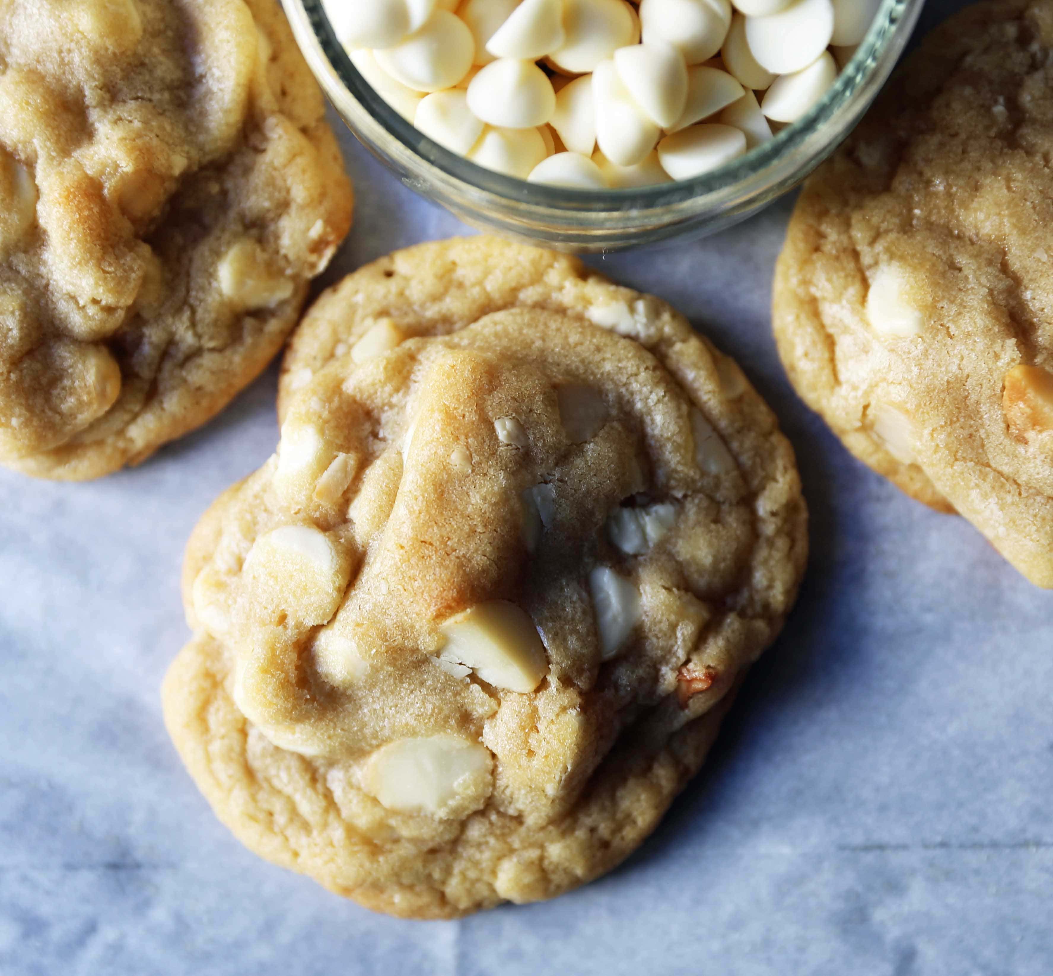 White Chocolate Macadamia Nut Cookies. Soft chewy white chocolate macadamia nut cookies are a sweet, buttery cookie and are always a crowd pleaser! www.modernhoney.com #whitechocolate #whitechocolatecookies #whitechocolatemacadamia #whitechocolatemacadamianutcookies #cookies #cookierecipe