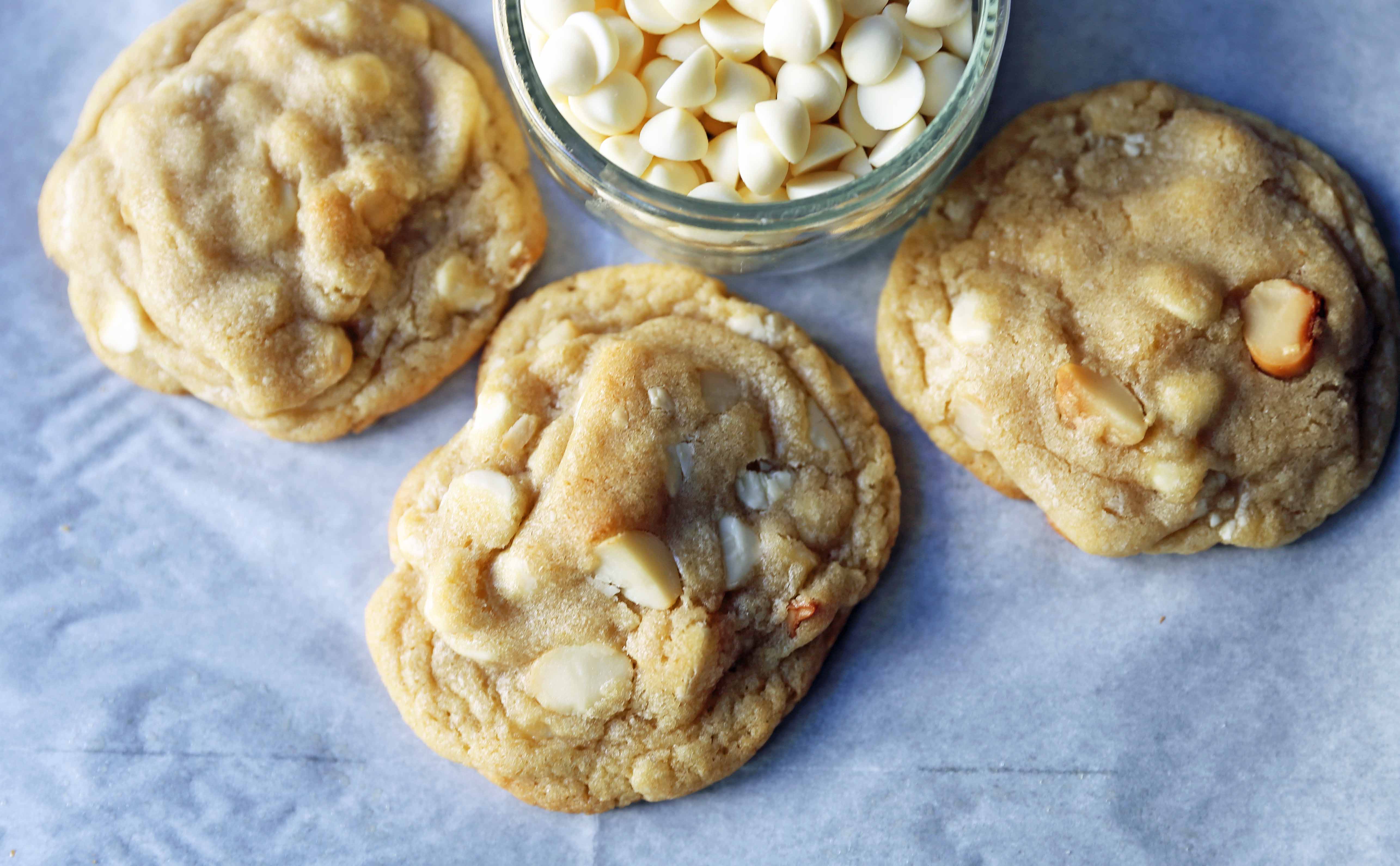 White Chocolate Macadamia Nut Cookies. Soft chewy white chocolate macadamia nut cookies are a sweet, buttery cookie and are always a crowd pleaser! www.modernhoney.com #whitechocolate #whitechocolatecookies #whitechocolatemacadamia #whitechocolatemacadamianutcookies #cookies #cookierecipe