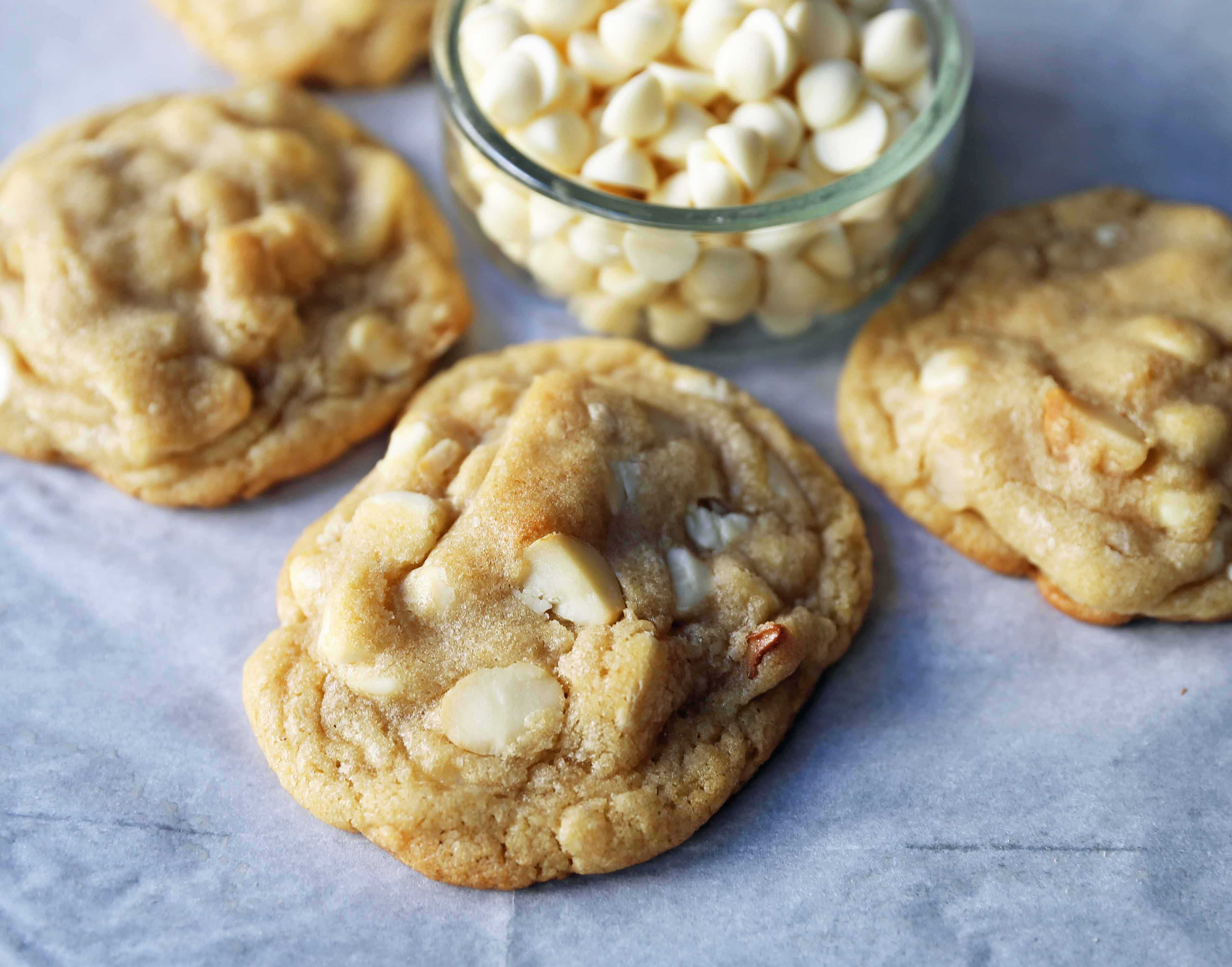 White Chocolate Macadamia Nut Cookies. Soft chewy white chocolate macadamia nut cookies are a sweet, buttery cookie and are always a crowd pleaser! www.modernhoney.com #whitechocolate #whitechocolatecookies #whitechocolatemacadamia #whitechocolatemacadamianutcookies #cookies #cookierecipe