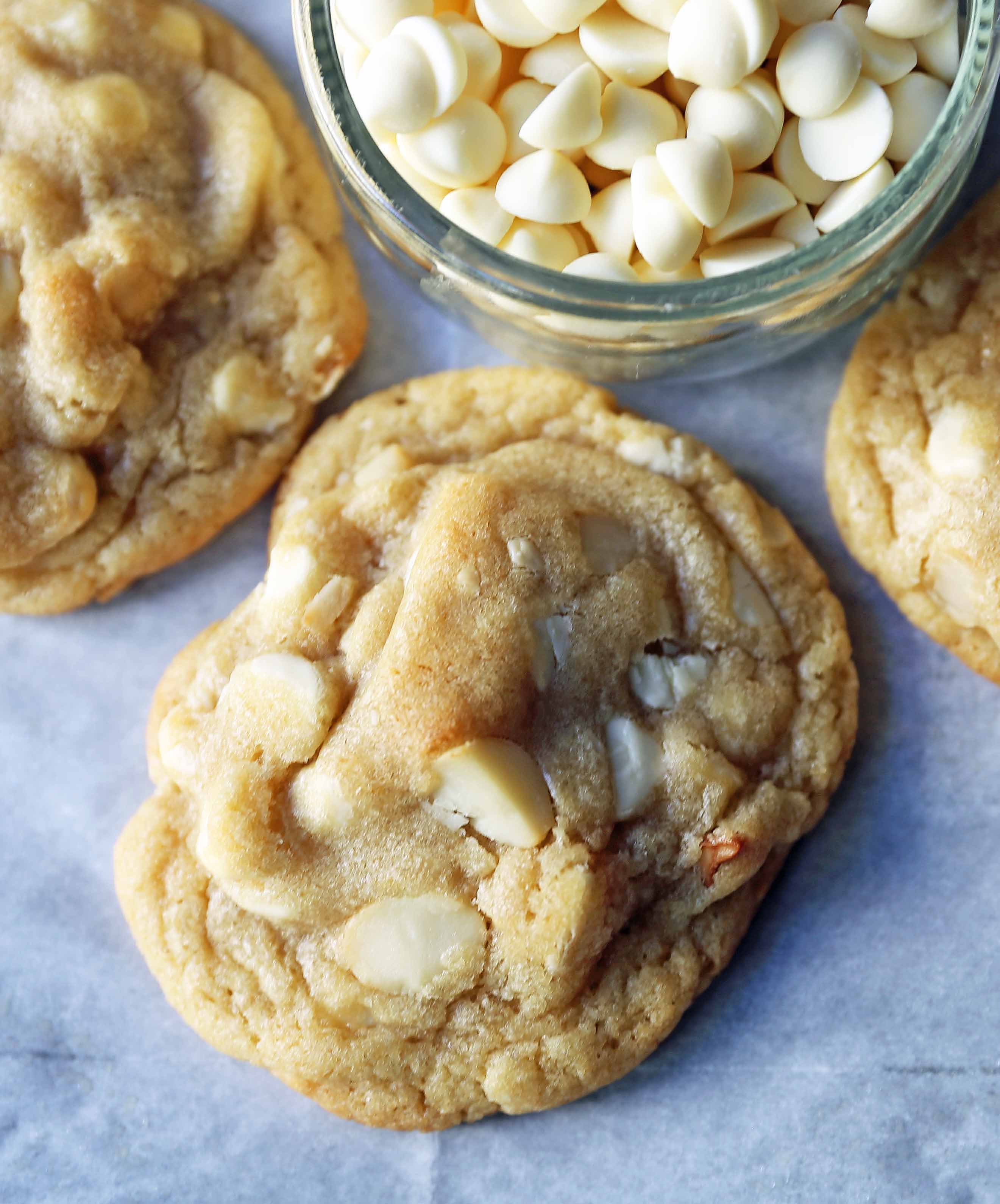 White Chocolate Macadamia Nut Cookies. Soft chewy white chocolate macadamia nut cookies are a sweet, buttery cookie and are always a crowd pleaser! www.modernhoney.com #whitechocolate #whitechocolatecookies #whitechocolatemacadamia #whitechocolatemacadamianutcookies #cookies #cookierecipe