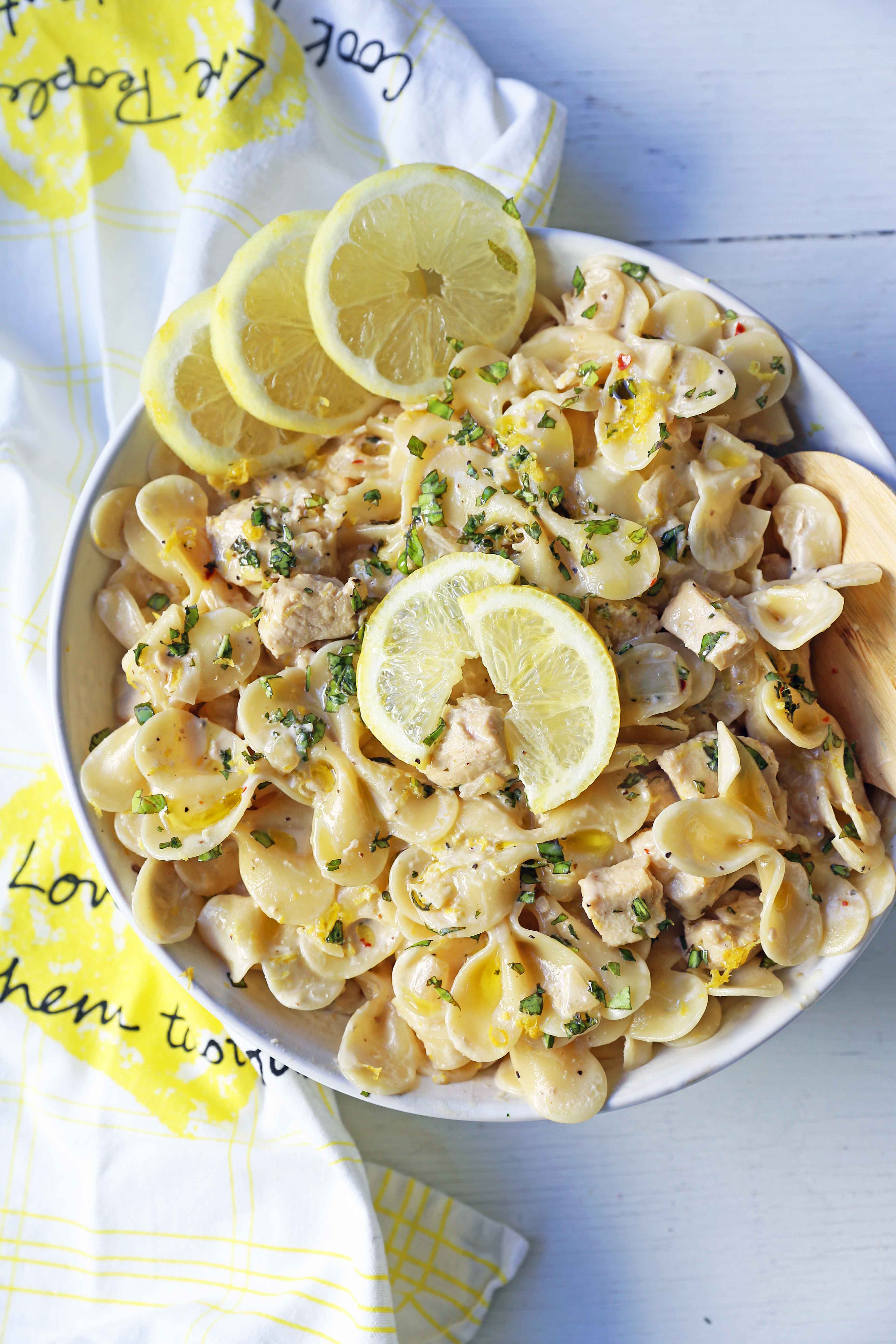 Creamy Lemon Chicken Pasta.Sauteed chicken in a rich creamy lemon basil sauce tossed with your favorite kind of pasta.  A quick and easy 30-minute meal! www.modernhoney.com #lemonpasta #lemonchickenpasta #pasta #pastarecipes