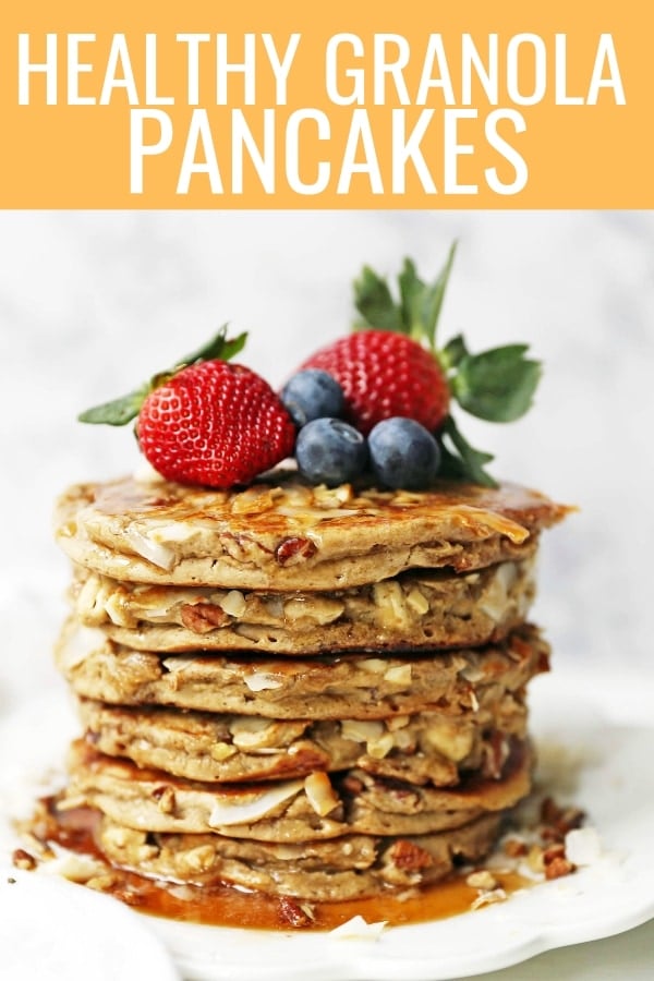 Nutty Granola Pancakes. Gluten-Free, Dairy-Free, No Added Sugar, Healthy Pancakes filled with oats, nuts, and coconut flakes. A hearty, filling breakfast! www.modernhoney.com #pancakes #pancake #healthy #glutenfree #dairyfree #breakfast