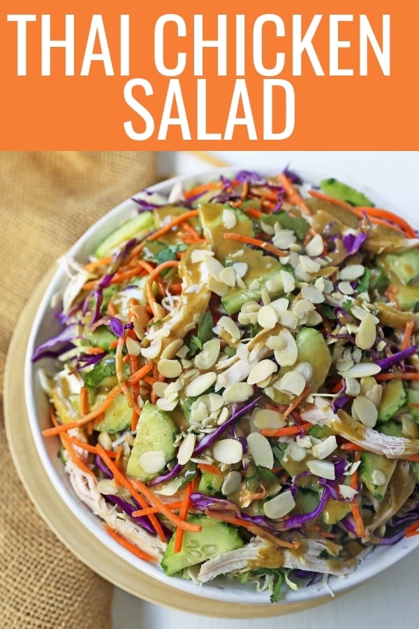 Thai Chicken Salad with Peanut Dressing. Crunchy Thai salad with cabbage, carrots, cucumber, slivered almonds, tender chicken in a homemade peanut dressing. A flavorful Chinese Chicken Salad. www.modernhoney.com #asiansalad #chickensalad #thaichickensalad #chinesechickensalad