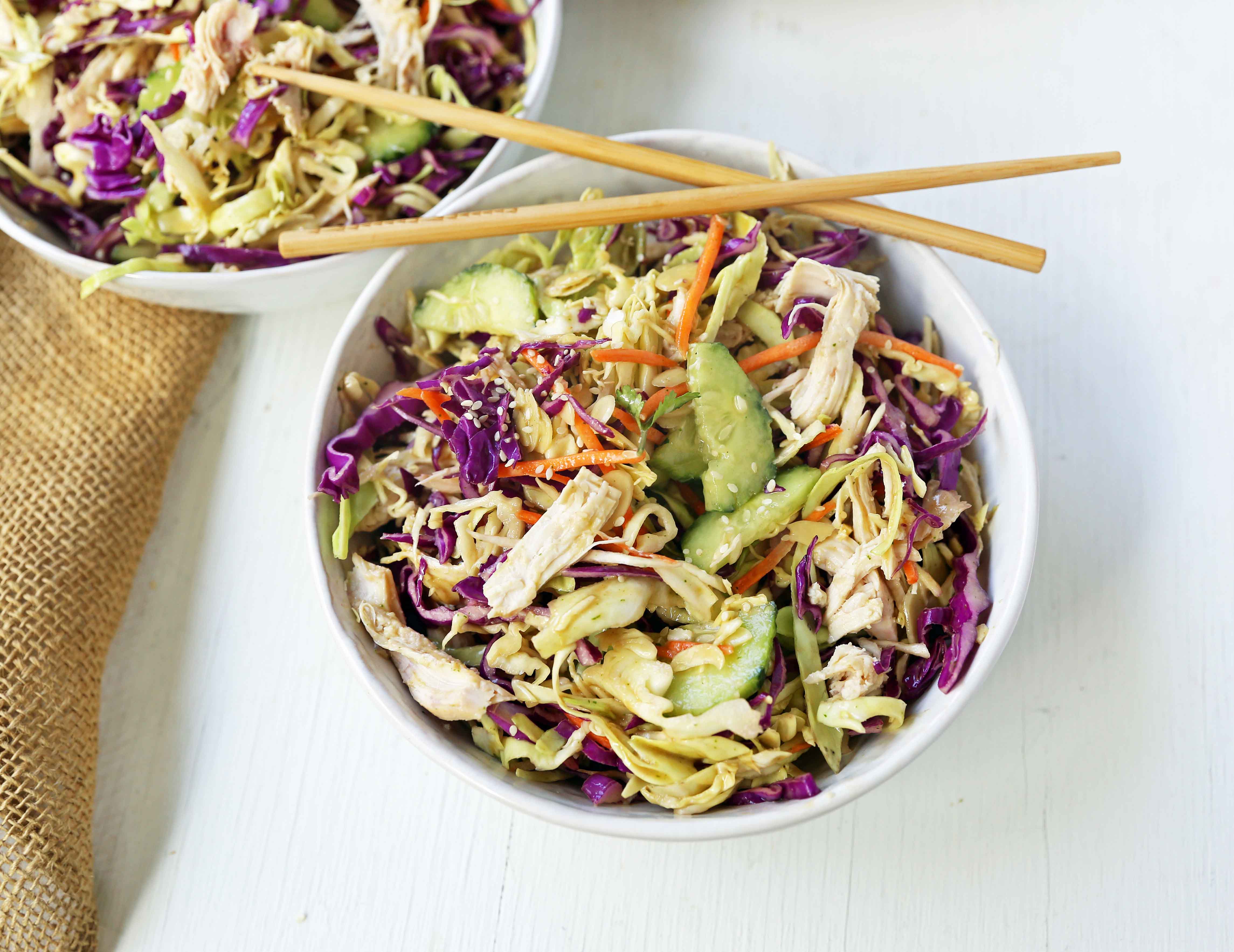 Thai Chicken Salad with Peanut Dressing. Crunchy Thai salad with cabbage, carrots, cucumber, slivered almonds, tender chicken in a homemade peanut dressing. A flavorful Chinese Chicken Salad. www.modernhoney.com #asiansalad #chickensalad #thaichickensalad #chinesechickensalad