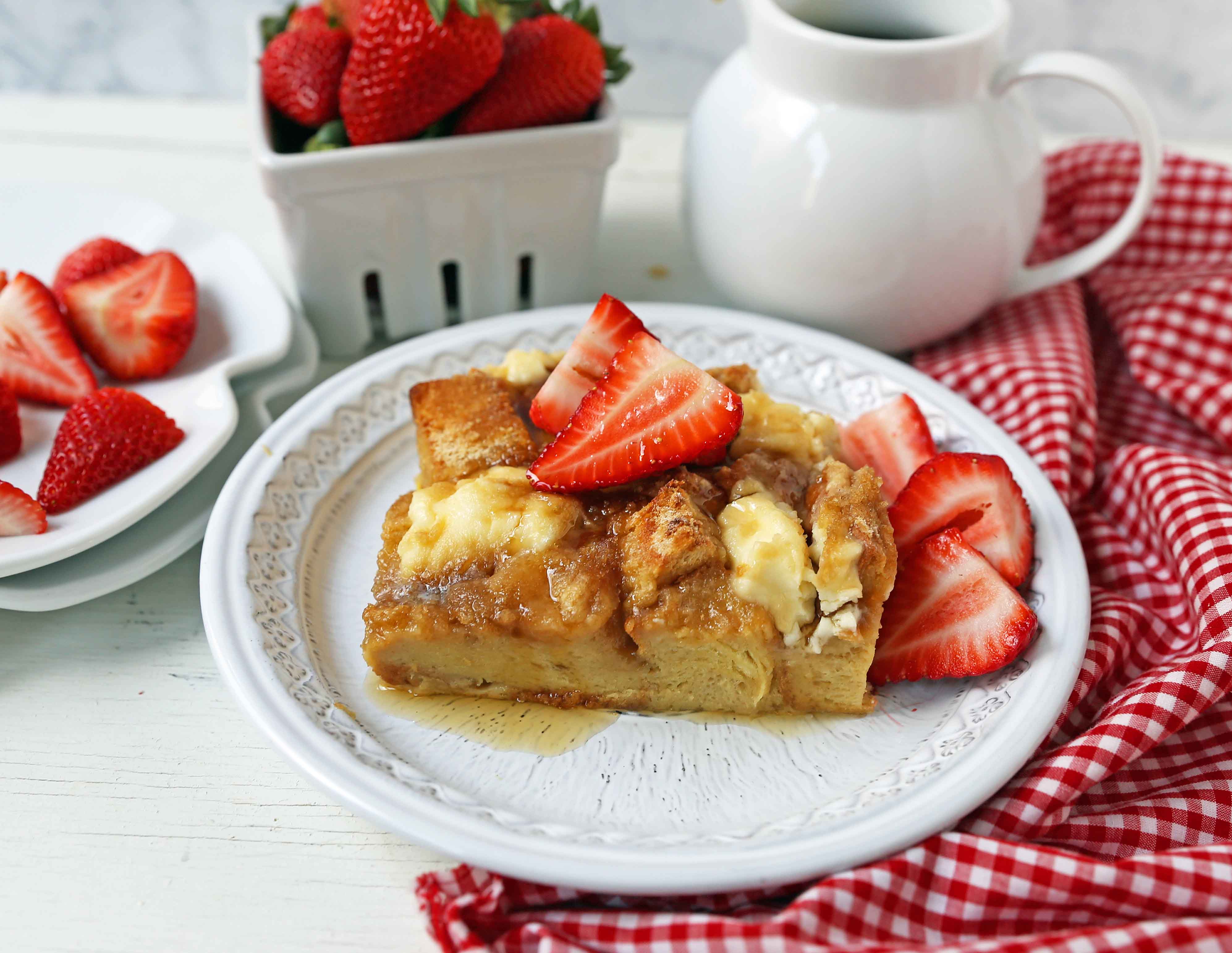 Baked French Toast Casserole. Challah bread soaked in a rich sweet custard with sweet cream cheese and topped with a brown sugar streusel topping. An easy overnight french toast recipe. www.modernhoney.com #frenchtoast #bakedfrenchtoast #breakfast #overnightfrenchtoast