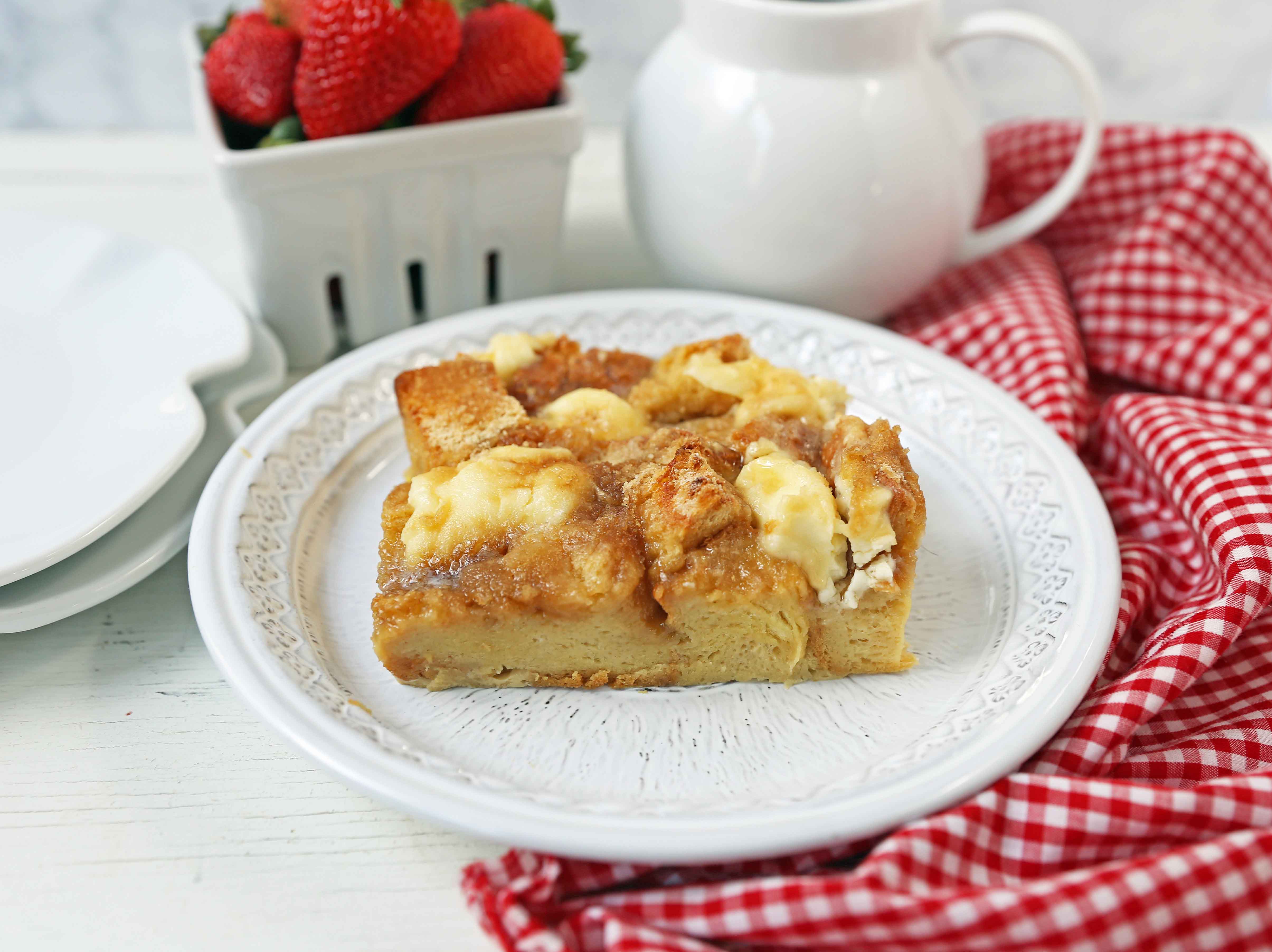 Baked French Toast Casserole. Challah bread soaked in a rich sweet custard with sweet cream cheese and topped with a brown sugar streusel topping. An easy overnight french toast recipe. www.modernhoney.com #frenchtoast #bakedfrenchtoast #breakfast #overnightfrenchtoast