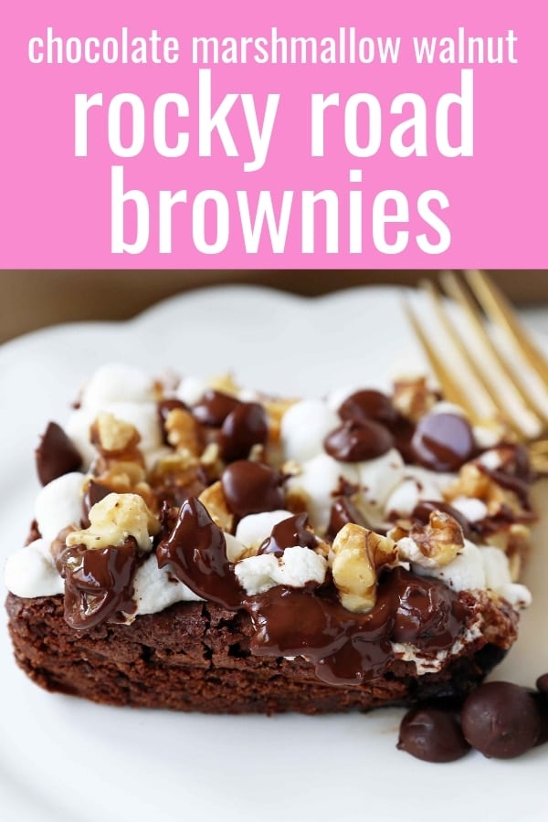 Rocky Road Brownies. Homemade decadent chocolate brownies topped with melted marshmallows, chocolate chips, and walnuts. A classic brownie! www.modernhoney.com #rockyroad #rockyroadbrownies #gourmetbrownies